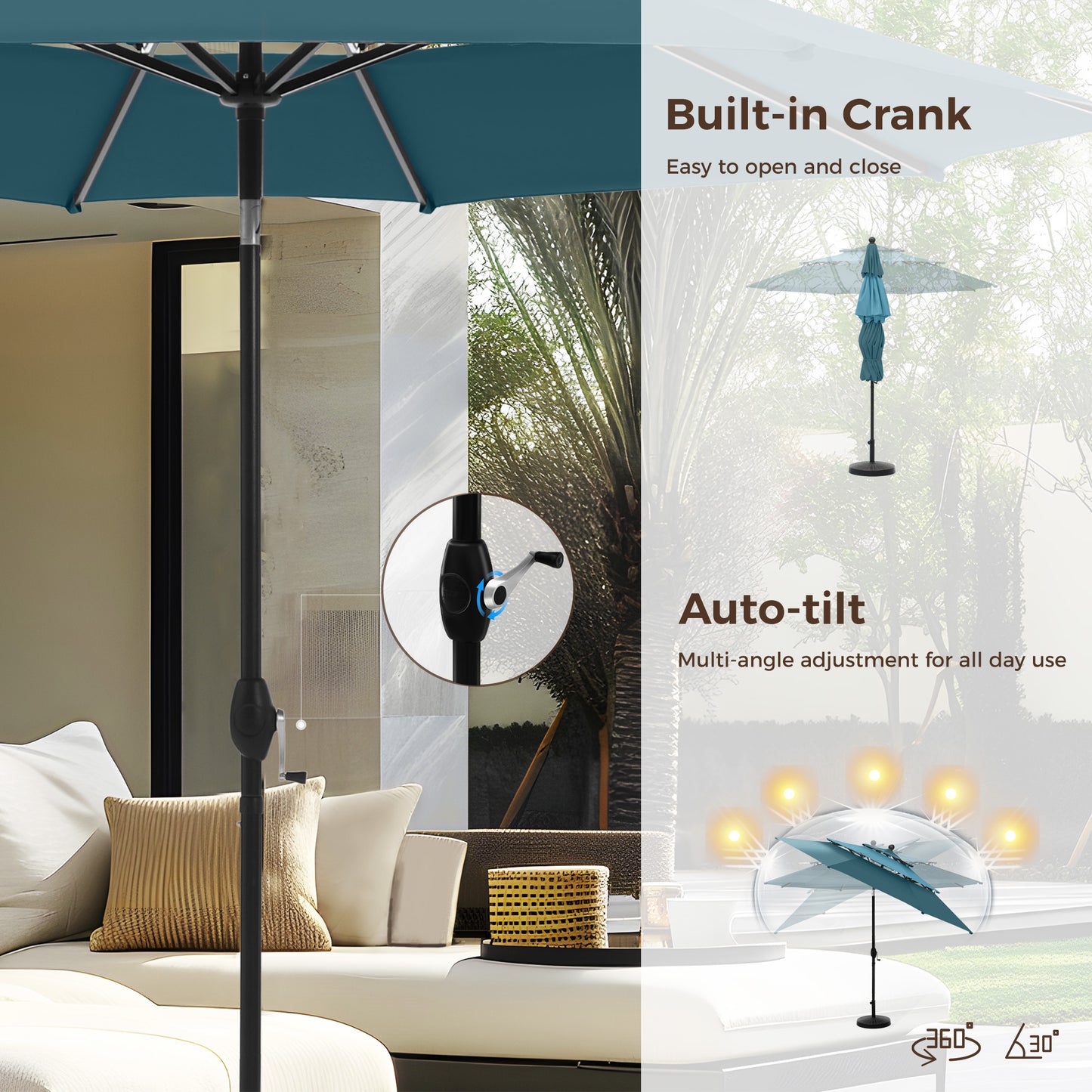 Alpha Joy 10ft 3 Tier Auto-Tilt Outdoor Patio Umbrella Beach Garden Double Vented Table Umbrella with Push Button and Crank, Peacock Blue & Cerulean