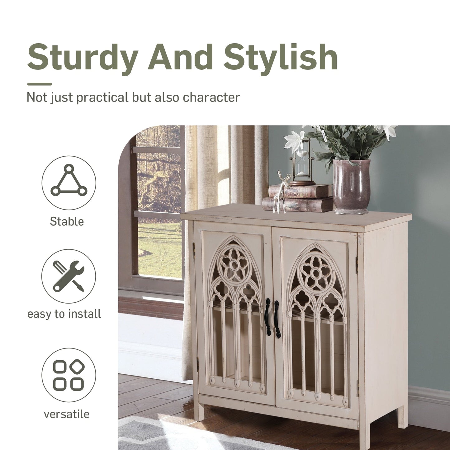 Alpha Joy 2-Door Accent Cabinet, Retro Storage Cabinet with Hollow-Carved Church Window Door for Entryway, Living Room, White