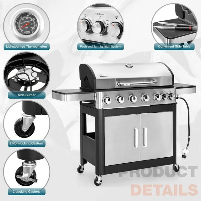 Sophia & William 6-Burner Propane Gas BBQ Grill with Side Burner & Porcelain-Enameled Cast Iron Grates, 65,800BTU Stainless Steel Outdoor Cooking Barbecue Grill, 665 SQ.IN. Cooking Area, Silver