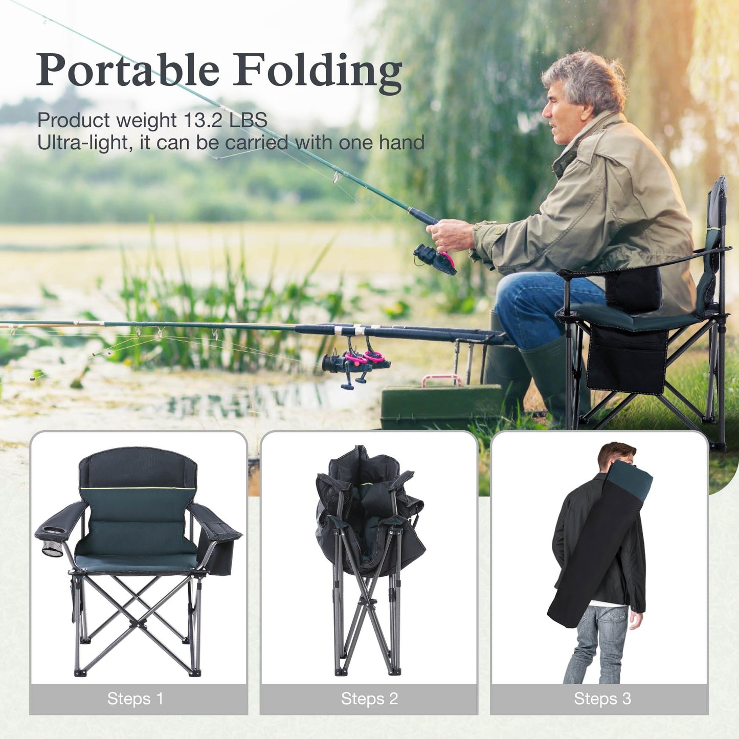 Sophia & William Heavy Duty Steel Camping Chair Outdoor Oversized Padded Lawn Chair with Cooler, 450LBS Capacity, Green