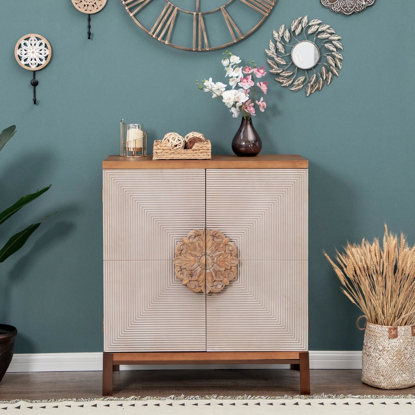 Sophia & William 2-Door Accent Storage Distressed Cabinet with Flower Handle and Geometric Doors