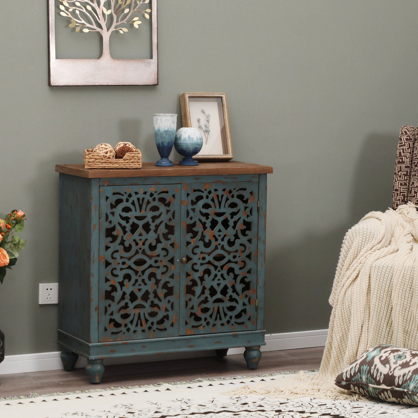 Sophia & William 33" Distressed Accent Storage Cabinet with Hollow-Carved Doors, Blue