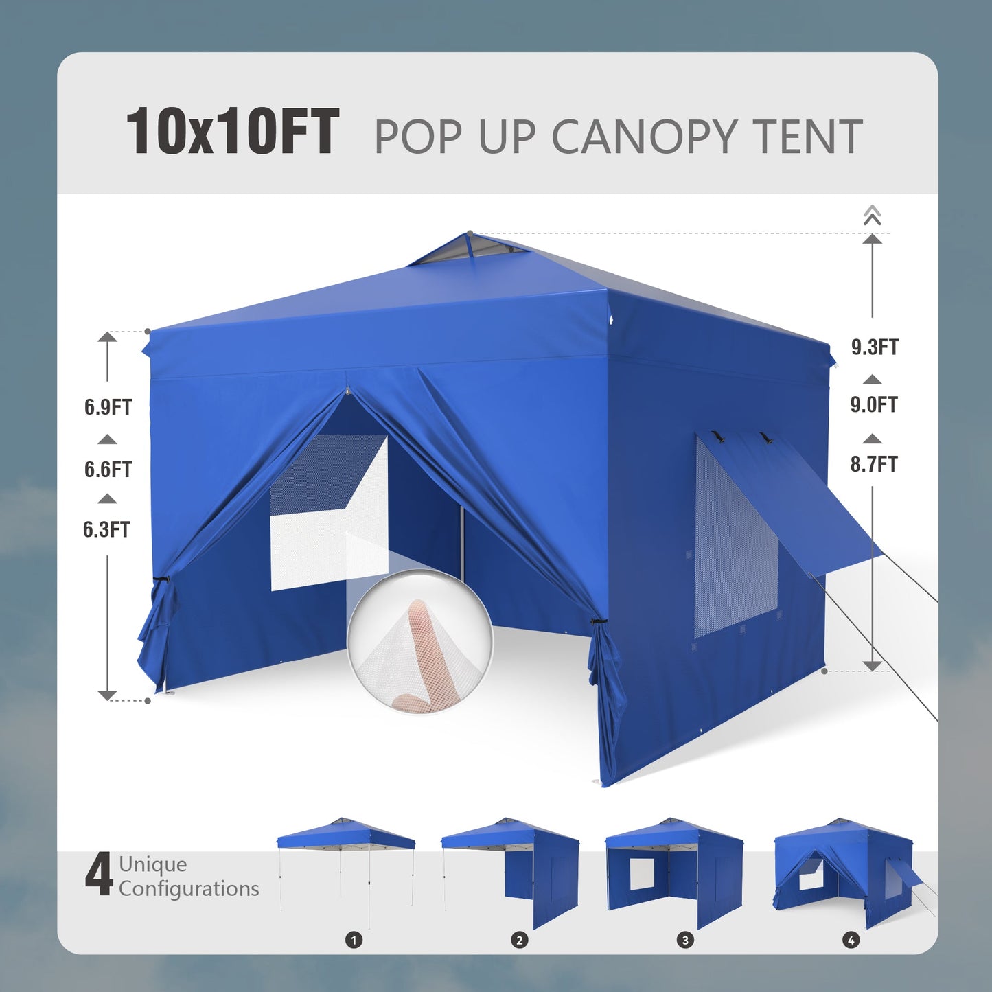 Alpha Joy 10'x 10' Instant Canopy Outdoor Ez Up Outdoor Canopy Shelter Tent with 4 Side Walls, Blue