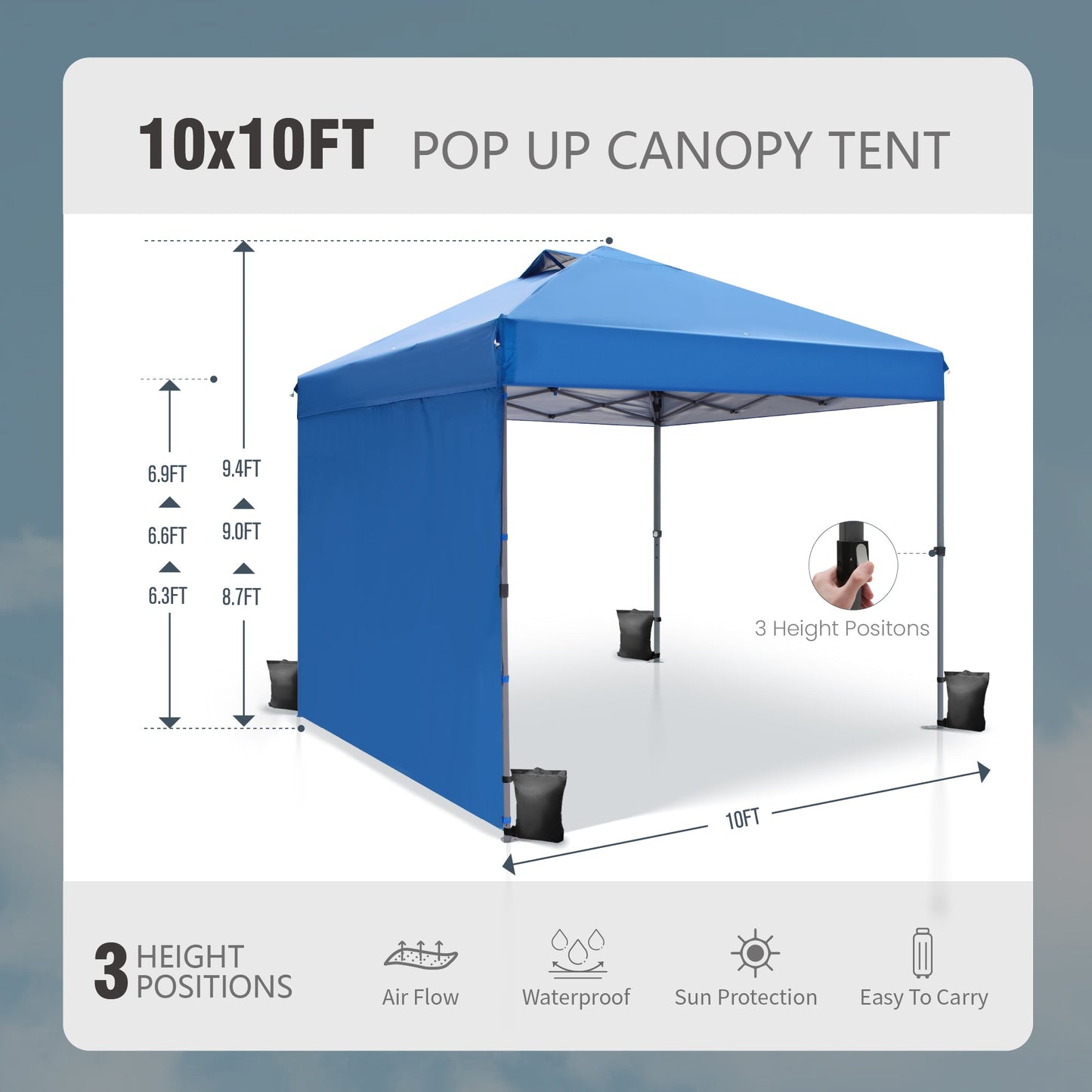 10x10ft Easy Set Up 3 Height Adjustable Pop Up UV Protection Canopy Tent with Removable Side Wall, Blue