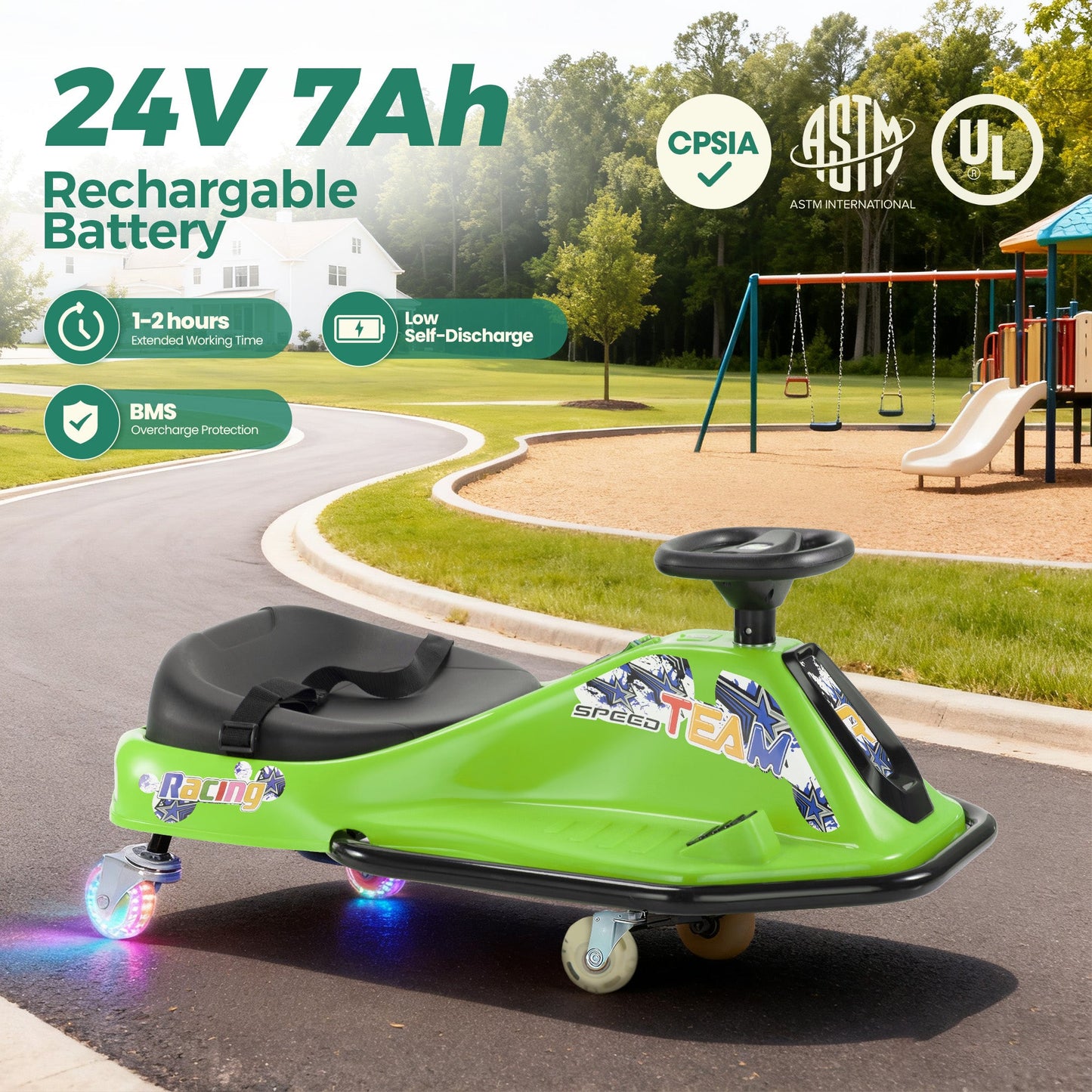 Alpha Joy Kids Crazy Drift Car 24V 182W Electric Drifting Go-Kart w/Rechargeable Battery, Colorful Light, Bluetooth Music & Safety Harness, Green