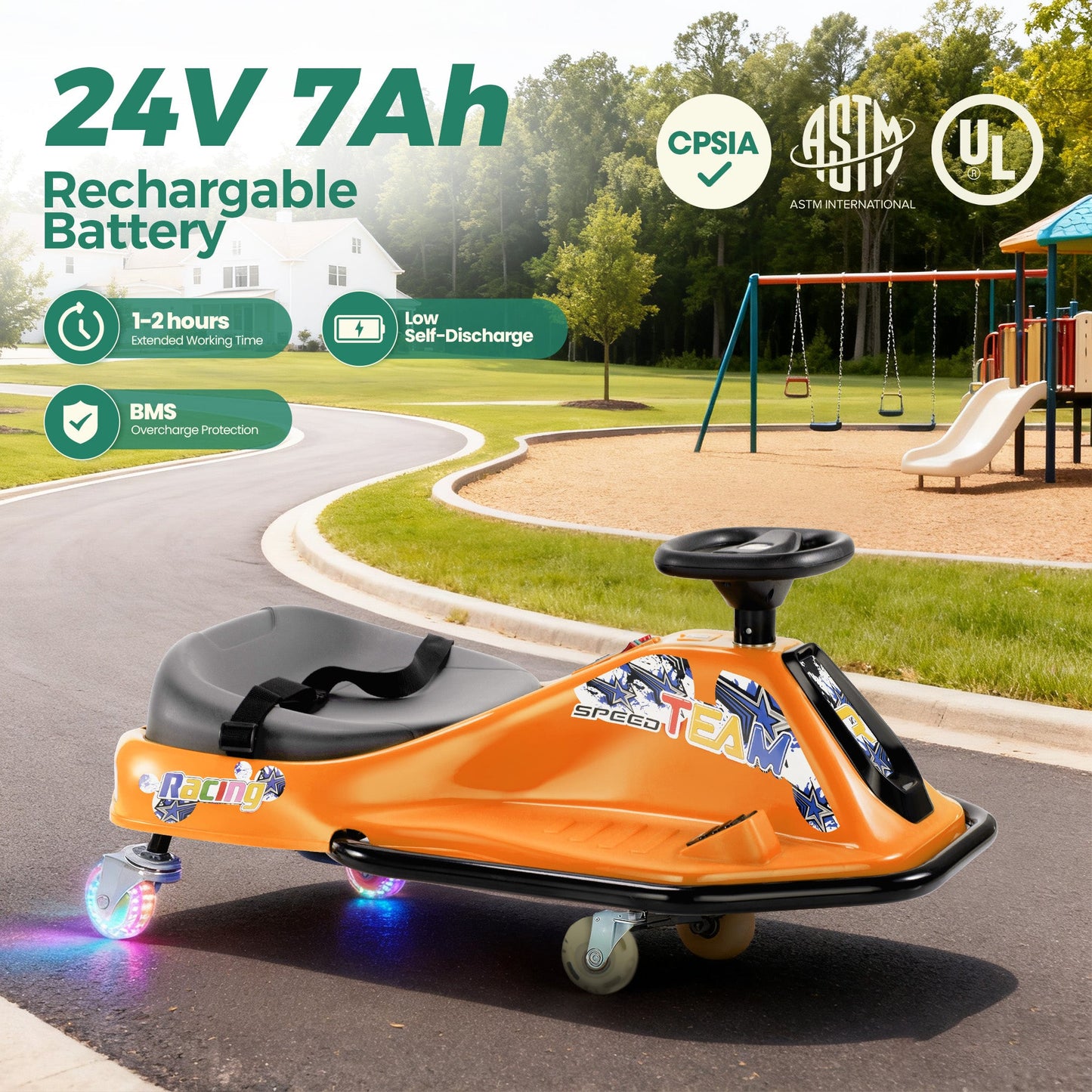 Alpha Joy Kids Crazy Drift Car 24V 180W Electric Drifting Go-Kart w/Rechargeable Battery, Colorful Light, Bluetooth Music & Safety Harness, Orange