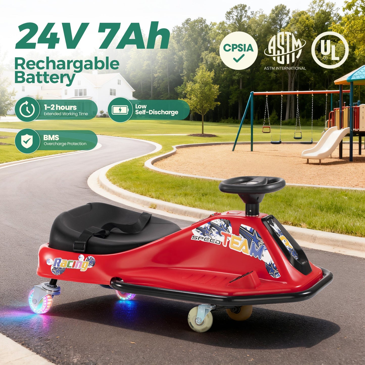 Alpha Joy Kids Crazy Drift Car 24V 181W Electric Drifting Go-Kart w/Rechargeable Battery, Colorful Light, Bluetooth Music & Safety Harness, Red