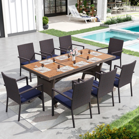 Alpha Joy 9-Piece Outdoor Patio Dining Set Wicker Rattan Chairs and Acacia Wood Table Set for 8 Person, Navy