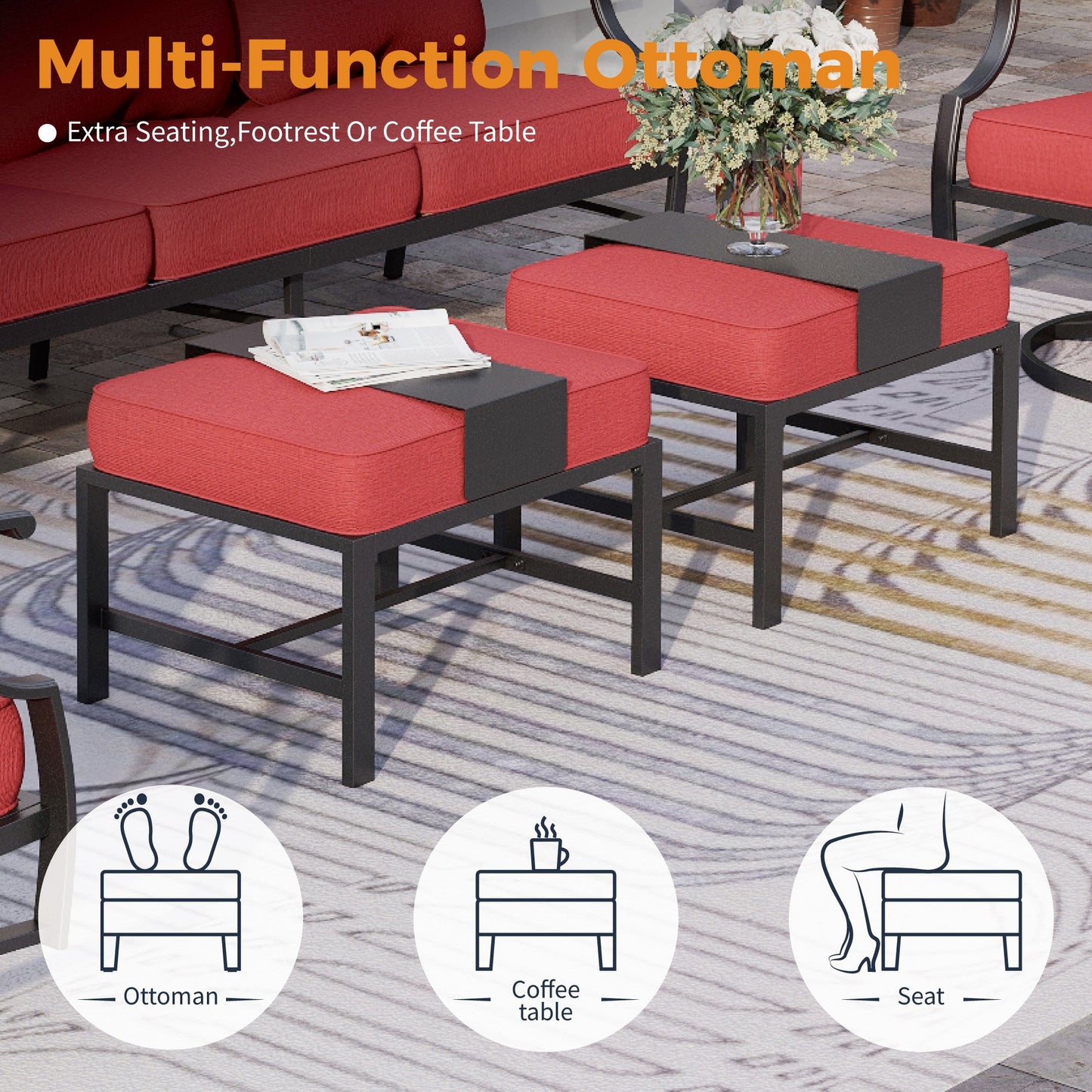 Sophia&William 9 Seat Patio Outdoor Furniture Set Metal Conversation Set with Ottomans & Rocker Chair, Red
