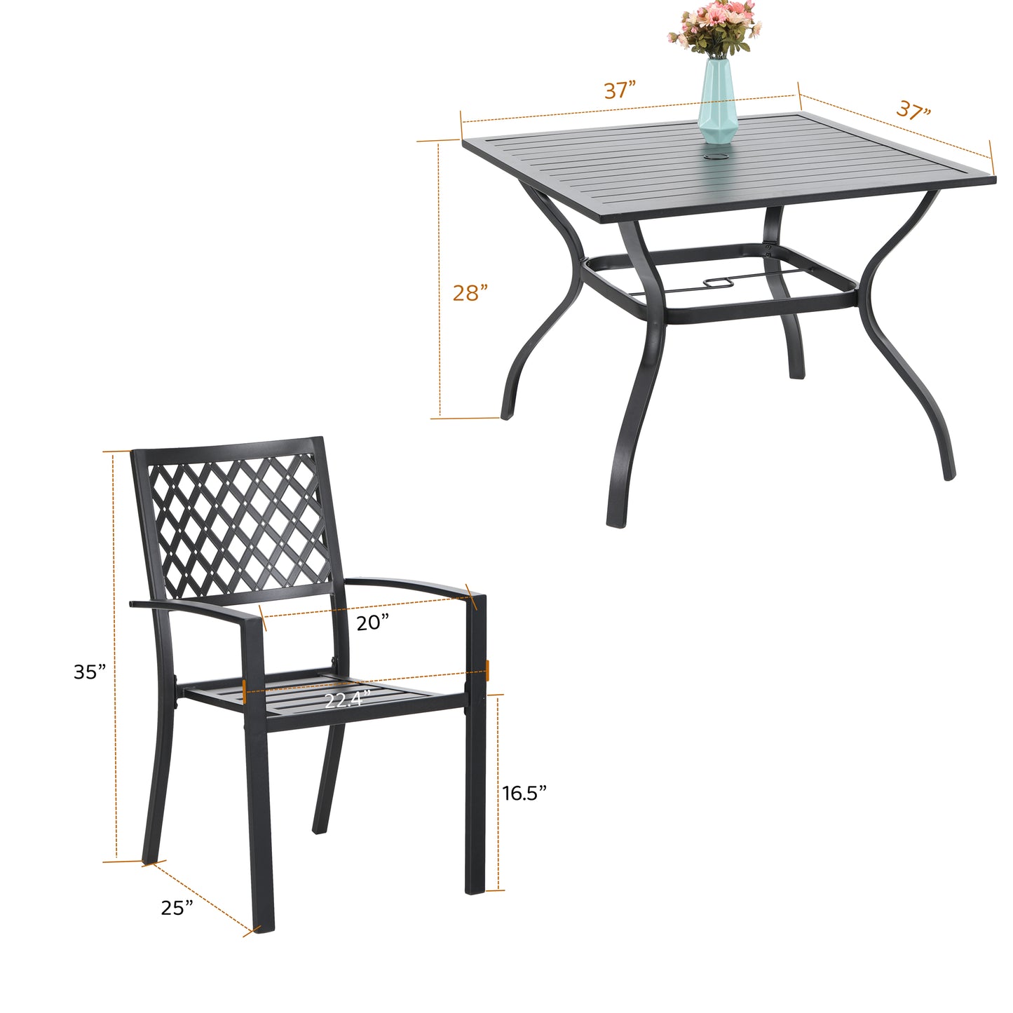 Sophia & William 5 Peices Metal Patio Dining Set Outdoor Furniture Table and Stackable Stackable Chairs Set for 4 People, Black