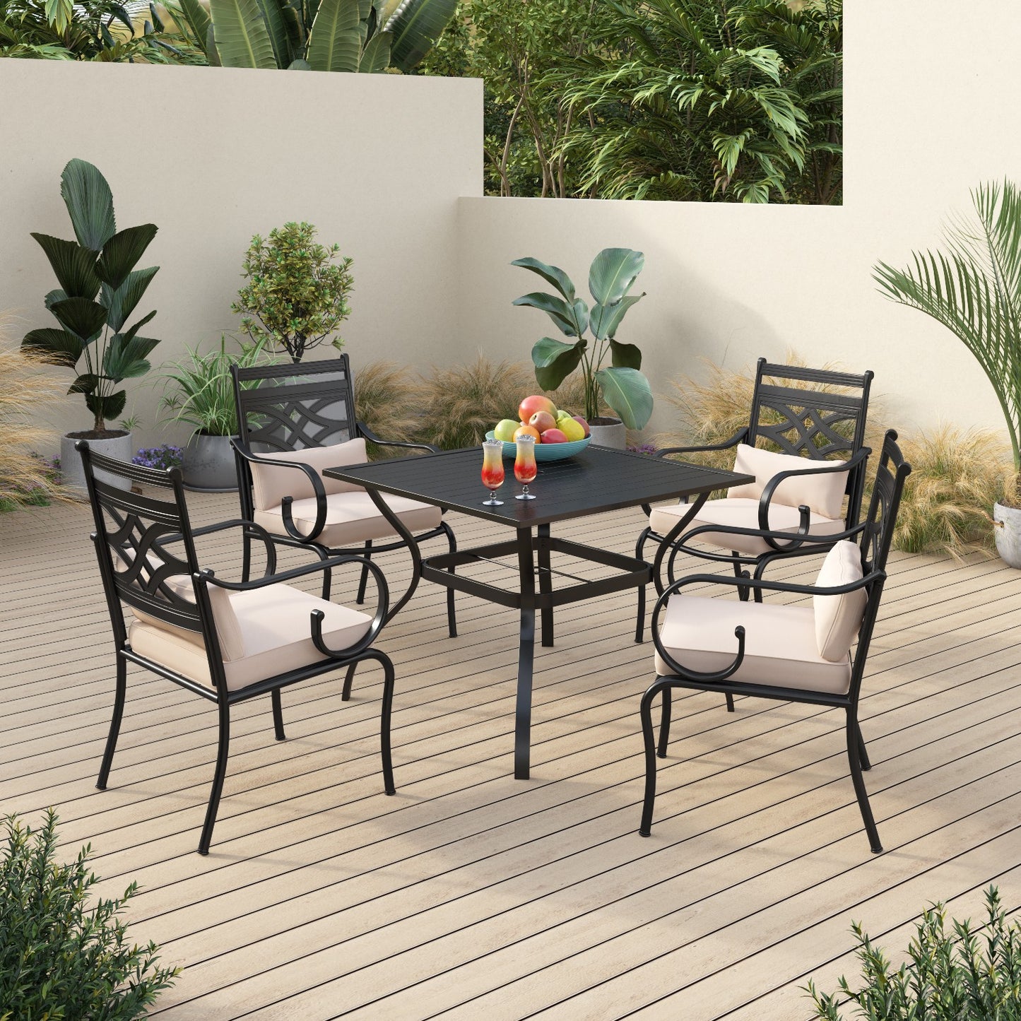 Sophia&William 5-Piece Outdoor Patio Dining Set Metal Cushioned Chairs and 37  Square Table Furnitre Set with 4  Cushion, Beige