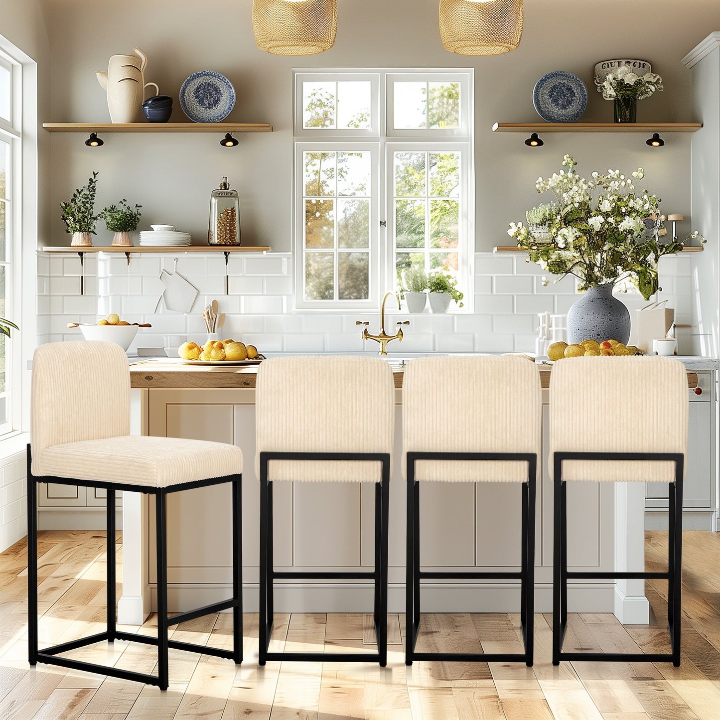 Sophia & William Counter Height Bar Stools with High Backrest 4 Pack Soft & Durable Vertical Striped Plush Bar Stools for Kitchen Island, Milky White