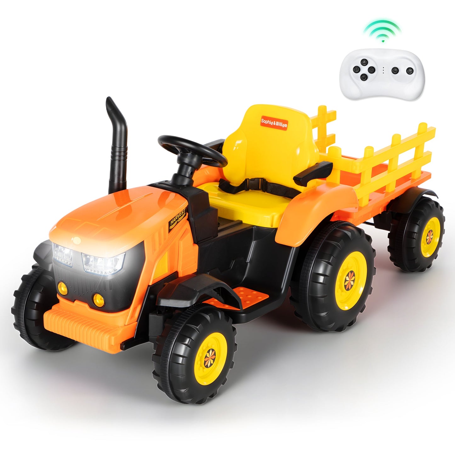 Alpha Joy 24V Powered Ride on Tractor with Detachable Trailer Electric Toy Car with Remote Control, Tippable Trailer, USB, Headlight, Bluetooth, 3 Speed Adjustable for Kids 3+, Orange
