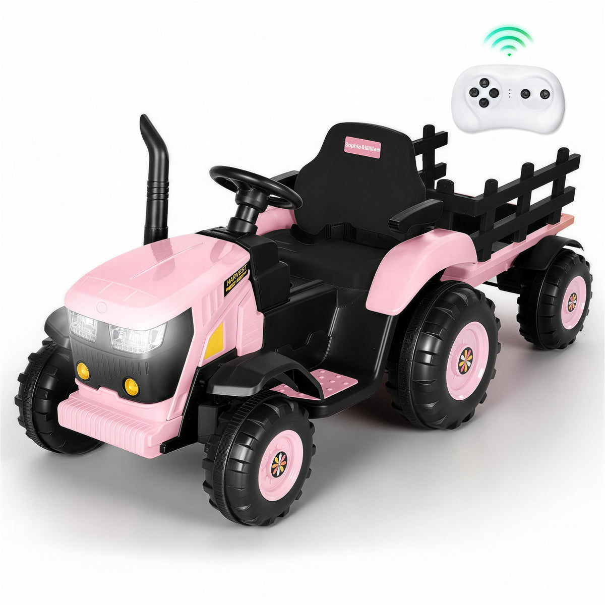 Alpha Joy 24V Powered Ride on Tractor with Detachable Trailer Electric Toy Car with Remote Control, Tippable Trailer, USB, Headlight, Bluetooth, 3 Speed Adjustable for Kids 3+, Pink