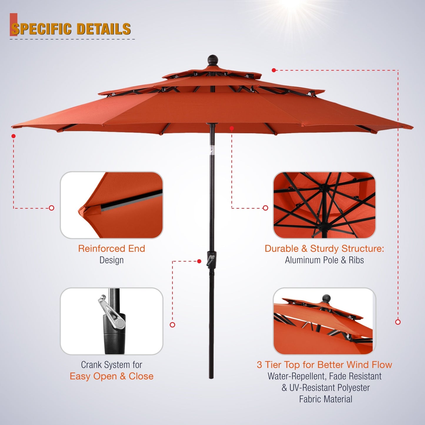 Alpha Joy 10ft 3 Tier Auto-tilt Outdoor Patio Umbrella with Push Button Tilt and Crank, Orange Red