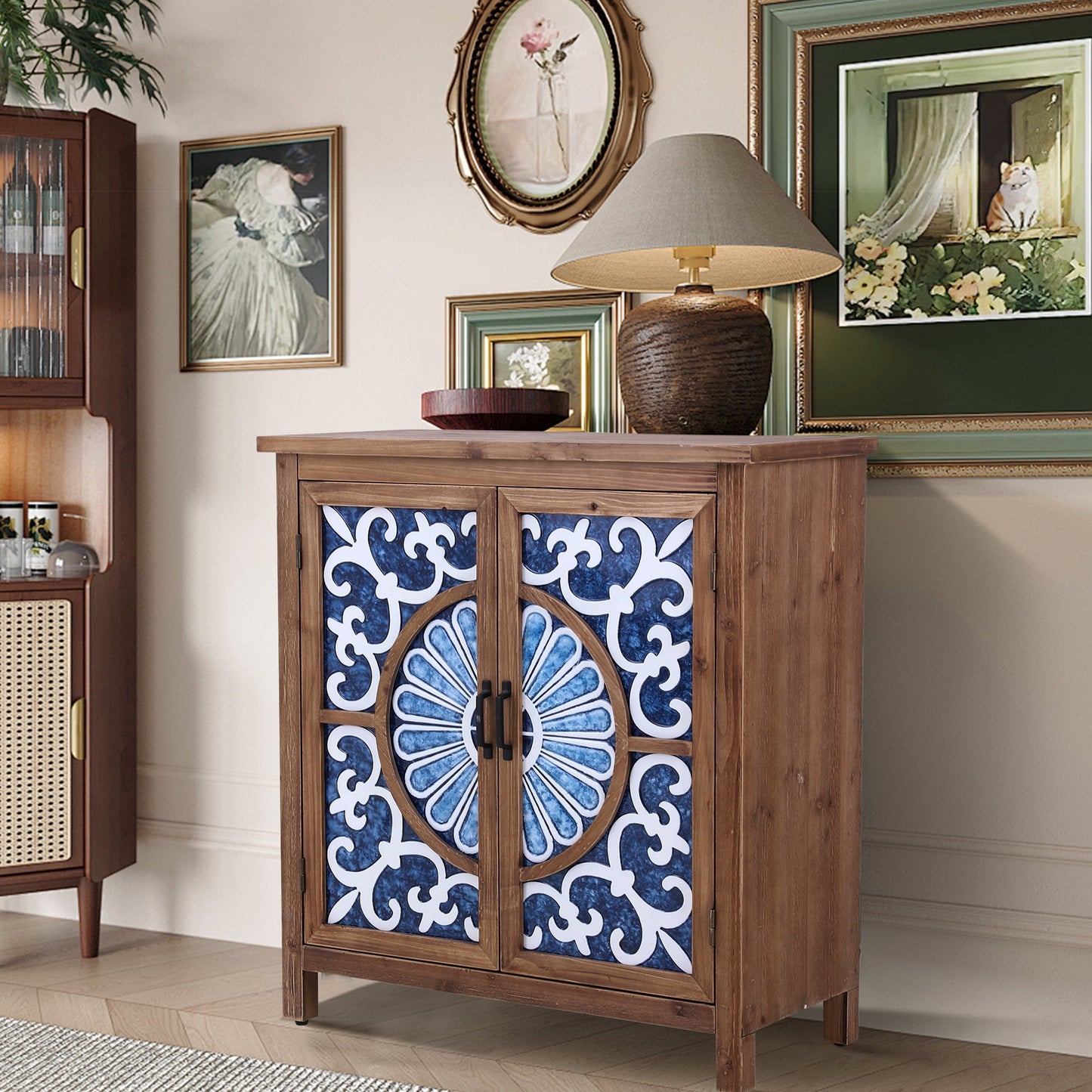 Alpha Joy Rustic 2-Door Accent Cabinet, Wood Storage Cabinet with Shelves in Porcelain Pattern for Entryway, Dining Room, Blue & White