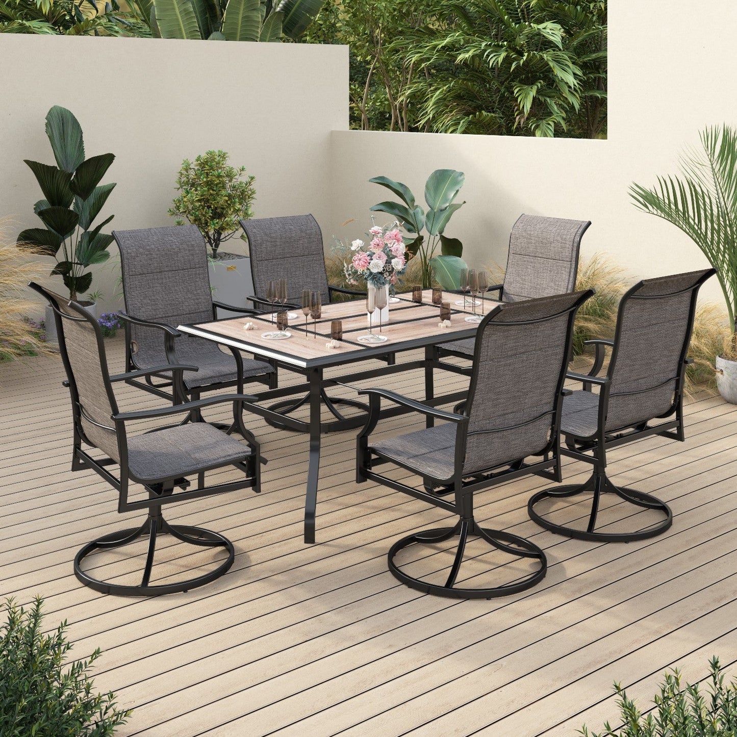 Sophia & William 7 Pieces Metal Patio Dining Set Swivel Paded Chairs and Table Set