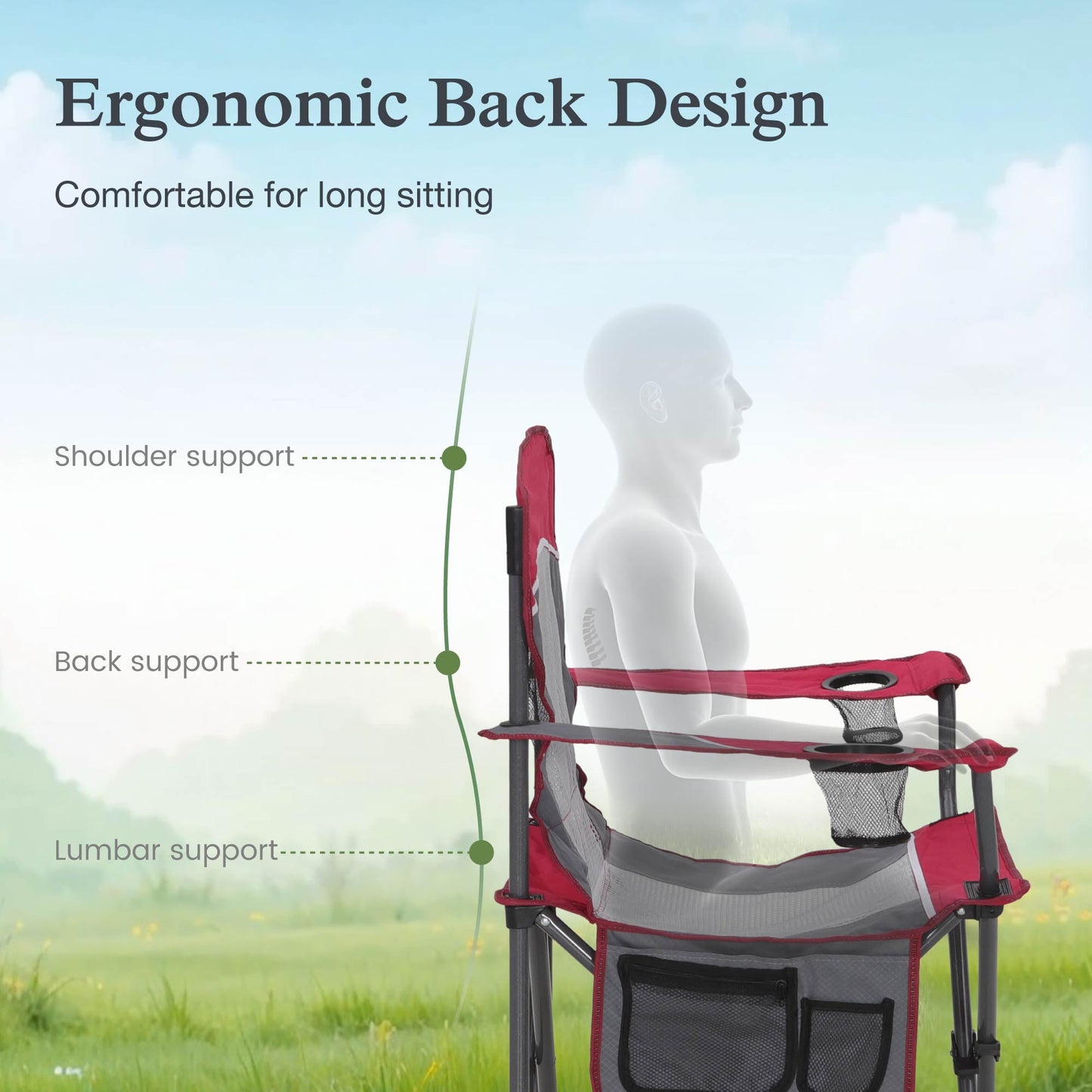 Sophia & William Oversized Camping Chair Portable Mesh Folding Chair with Cup Holder Supports Up to 450Lbs for Outdoor, Fishing, Beach, Backyard， Red