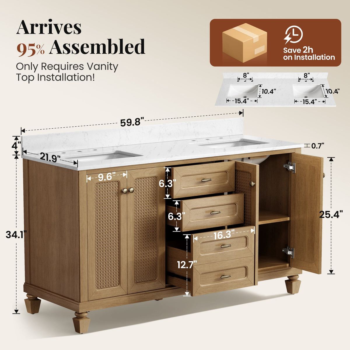 Sophia & William 60" Bathroom Vanity with Double Sink Freestanding Wood Bathroom Cabinet Vanity with 2 Doors of Adjustable Shlves, 2 Pull-out Drawers and 1 Elevated Drawer, Light Oak