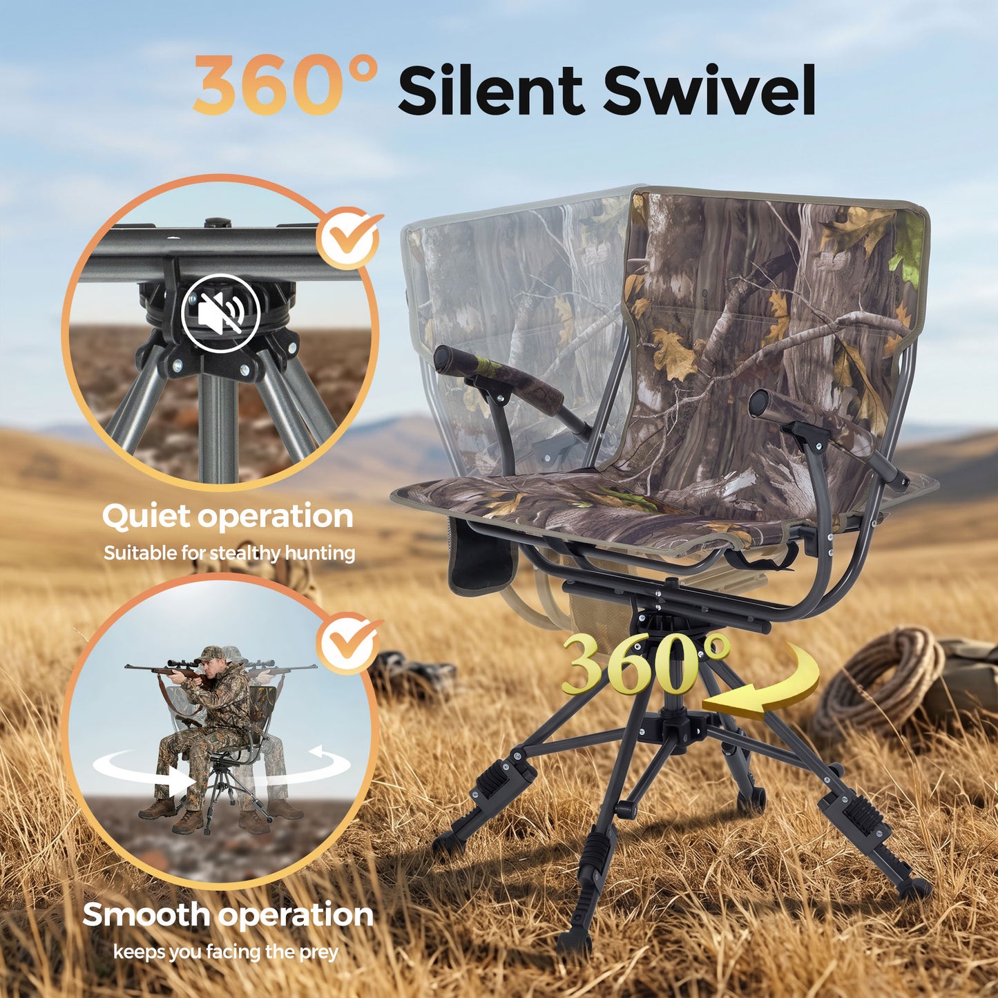 Sophia & William Heavy Duty 360¡ã Swivel Hunting Chair with Patent-Pending Quick-Lock Frame, Waterproof 600D Camo Oxford Fabric, Adjustable Legs for Outdoor Camping, Fishing & Blind - 330lbs Capacity