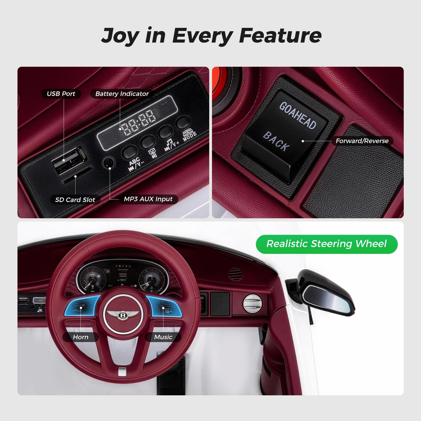 Alpha Joy 12V Kids Ride On Car Licensed Bentley Electric Vehicle with Remote Control, Soft Start, 3 Speed, LED Lights, Built-in Storage & Music, Gift for Boys Girls Ages 3-8, White