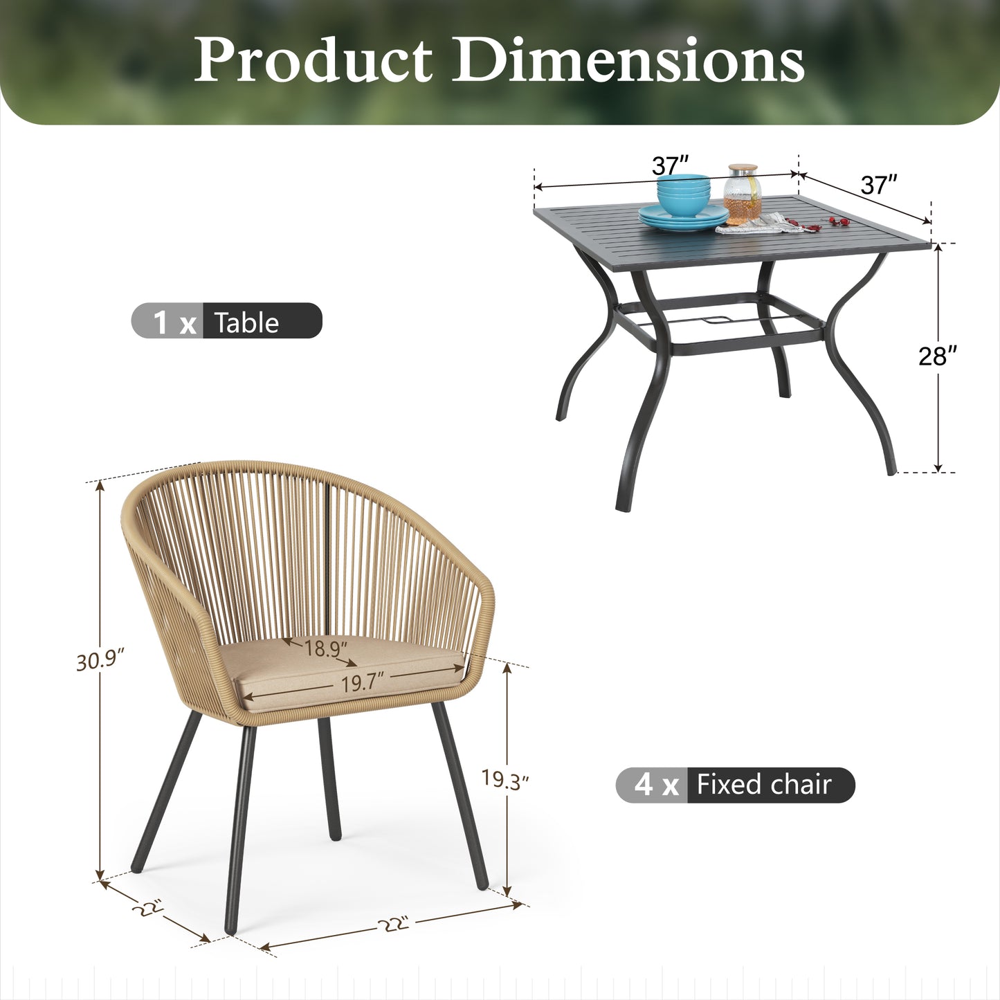 Sophia & William 5 Pieces Outdoor Patio Dining Set, 37" Metal Square Dining Table and Wicker Rattan Chairs Set for 4, Black Placer Gold
