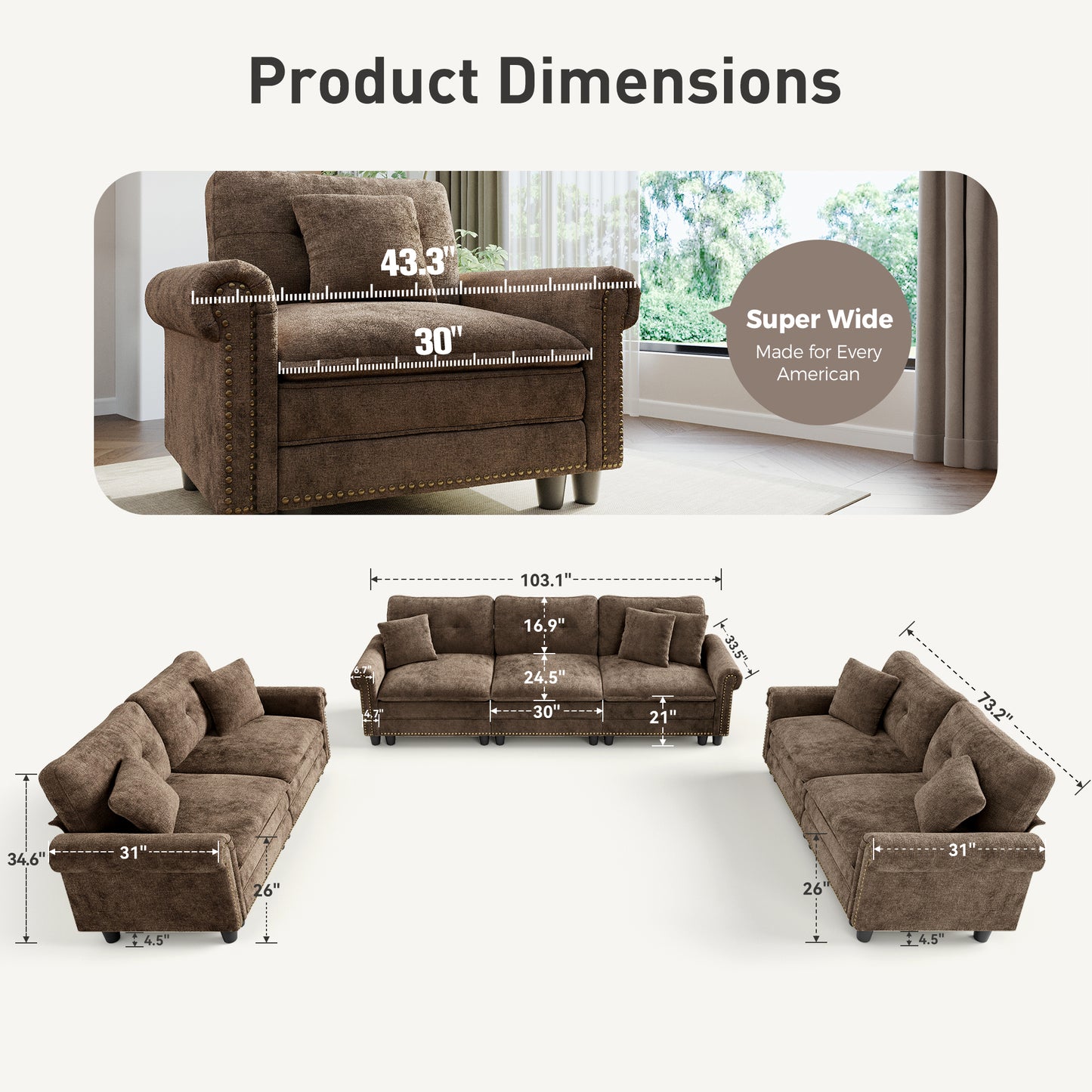 Sophia&William Modular Sectional Sofa Set, Mid-Century Chenille Cloud Couch 7-Seat Deap Seat Sofa with Nailhead Trim and 7 Throw Pillows for Living Room, Taupe