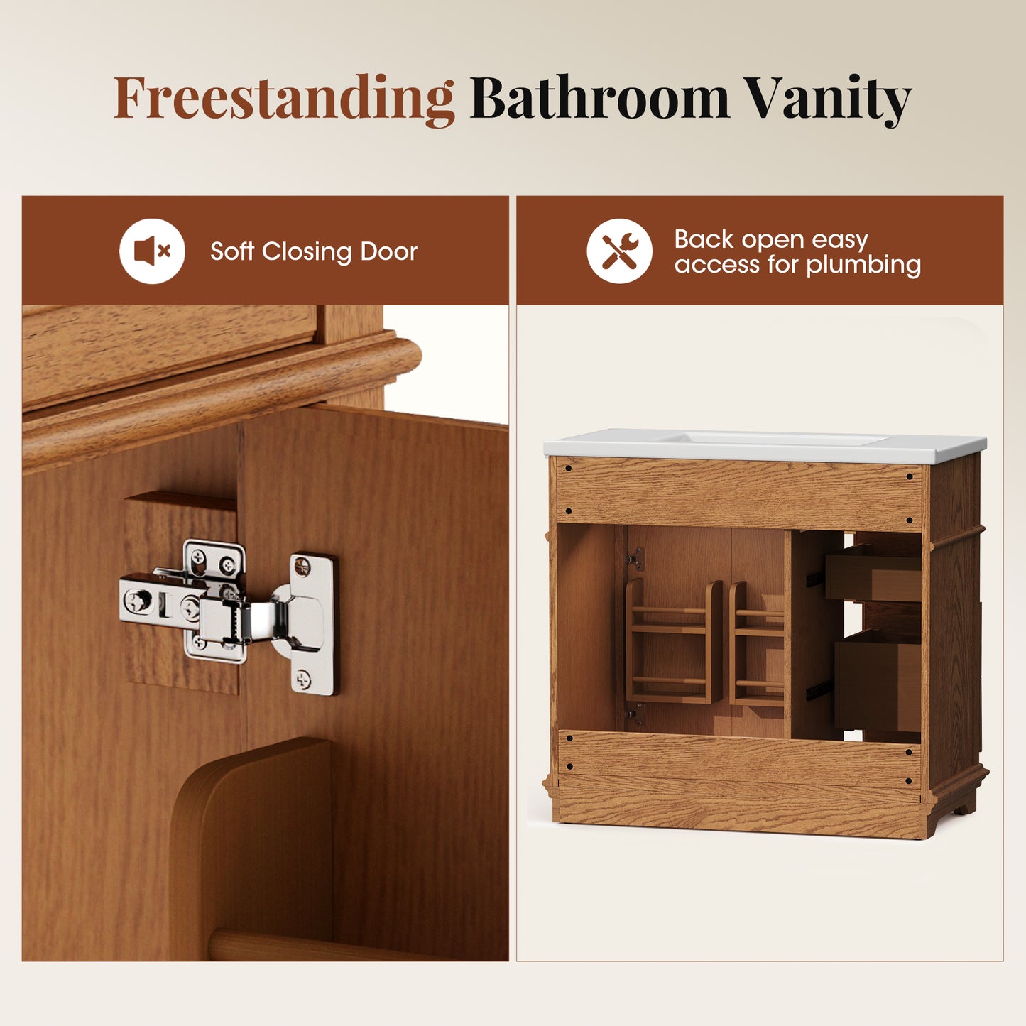 Sophia & William 36inch Bathroom Vanity with 5inch Deep Sink Freestanding Wood Bathroom Cabinet Vanity with 2 Doors with Shelf & 2 Drawers, Teak