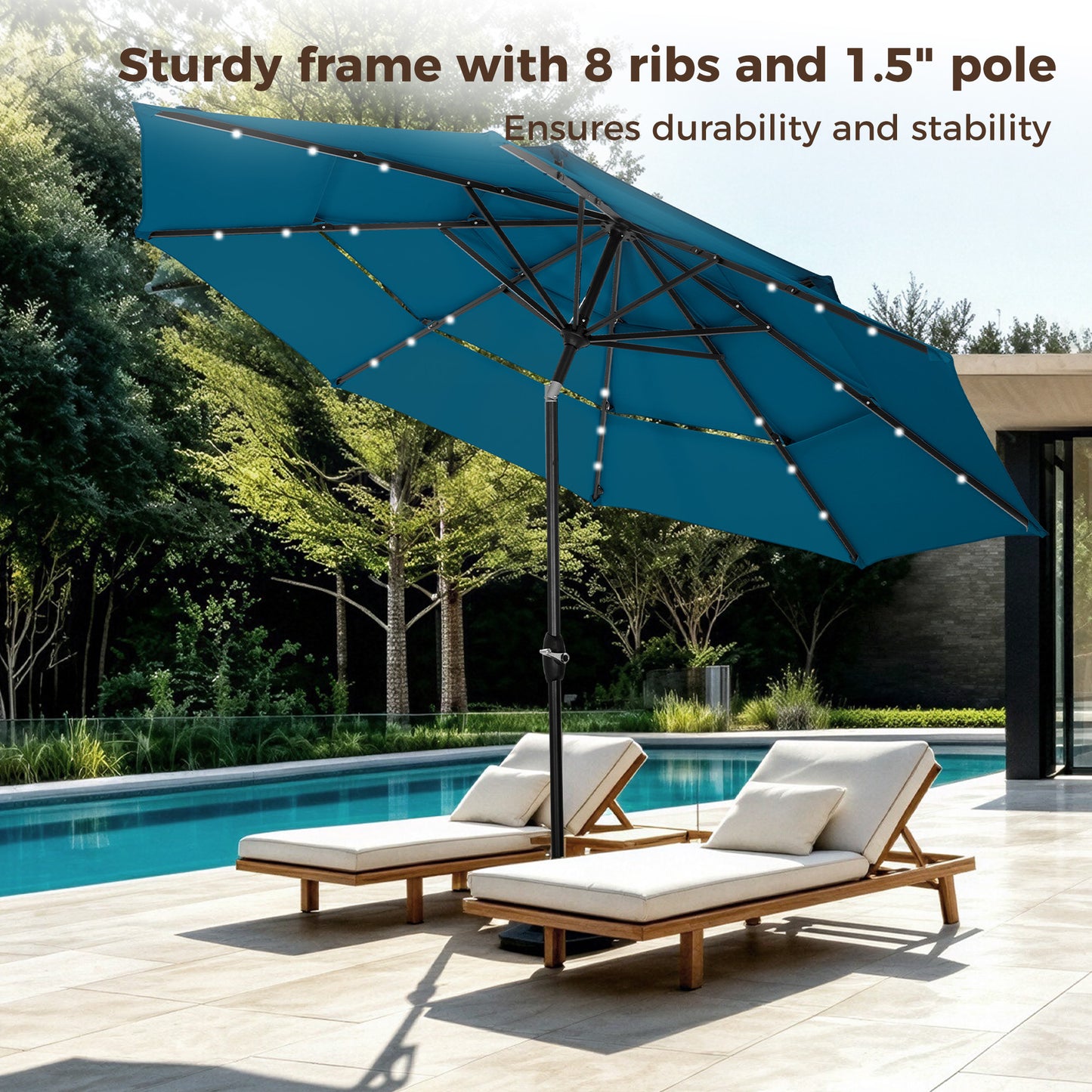 Alpha Joy 10ft 3 Tier Auto-tilt Outdoor Patio Umbrella Beach Garden Double Vented Table Umbrella with Solar Lights, Cerulean