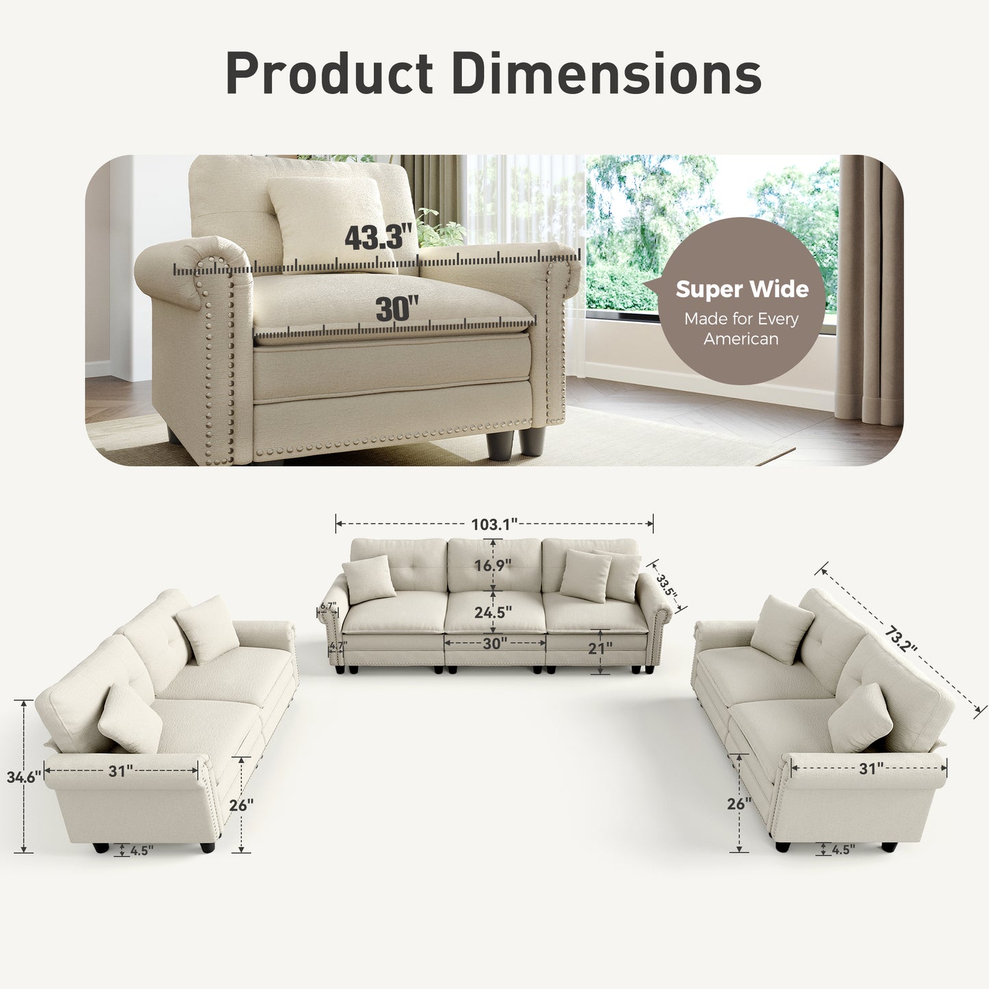 Sophia&William Sectional Sofa Set, Mid-Century Chenille Cloud Couch 7-Seat Nailhead Trim Modular Sofa with 7 Pillows for Living Room, White