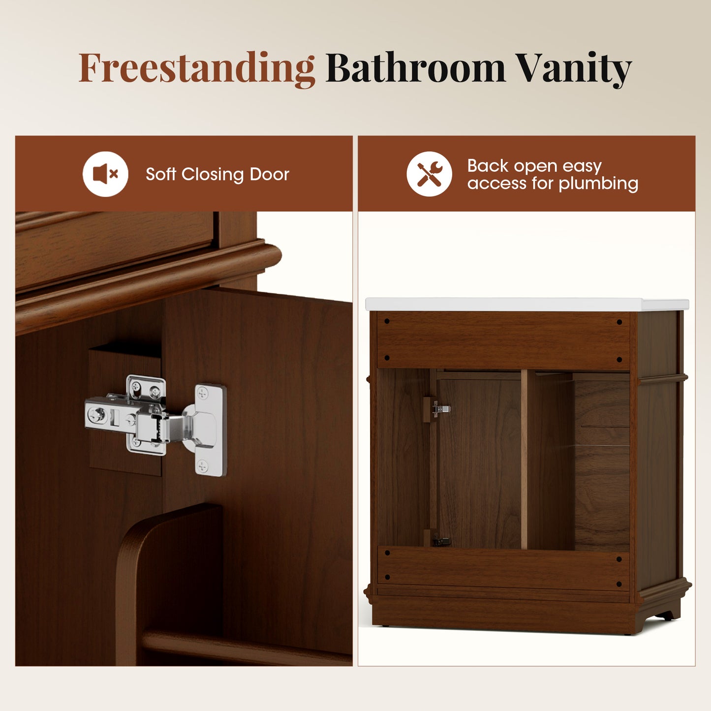 Sophia & William 30inch Bathroom Vanity with 5inch Deep Sink Freestanding Wood Bathroom Cabinet Vanity with 1 Door & 2 Drawers, Cherry Brown