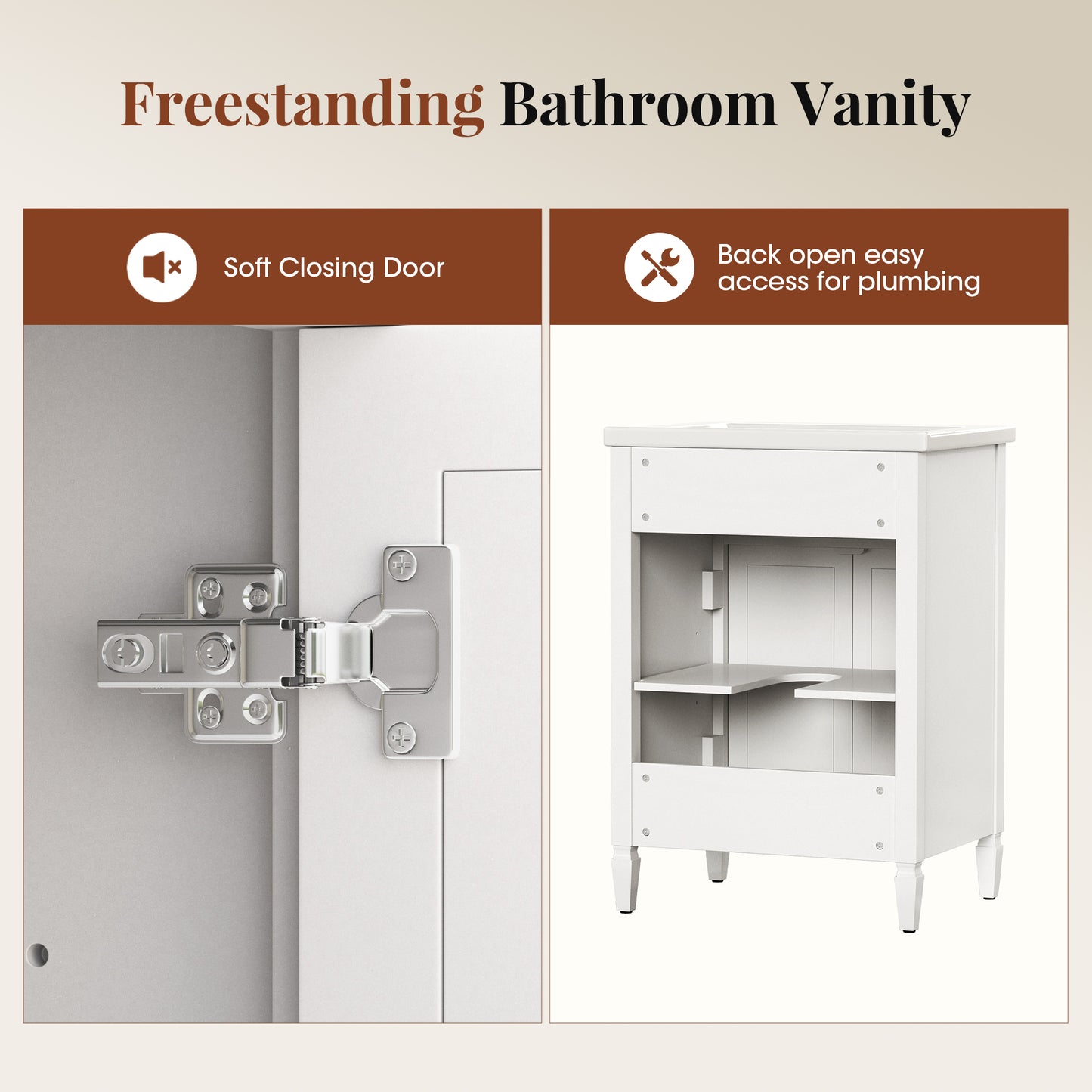 Sophia & William 24inch Bathroom Vanity with 5inch Deep Sink Freestanding Wood Bathroom Cabinet Vanity with 2 Doors & 3-Level Adjustable Shelf, White
