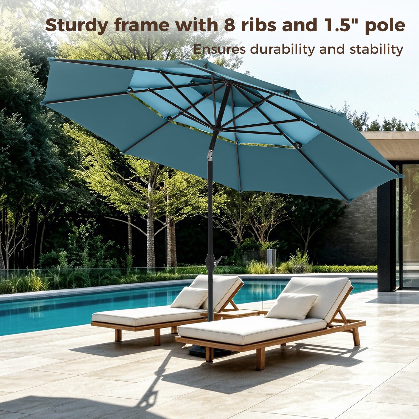 Alpha Joy 10ft 3 Tier Auto-Tilt Outdoor Patio Umbrella Beach Garden Double Vented Table Umbrella with Push Button and Crank, Peacock Blue & Cerulean