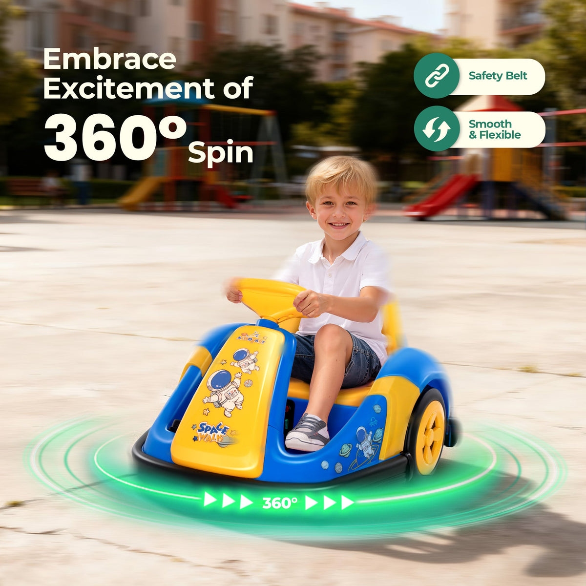 Alpha Joy Kids 12V Bumper Car with Steering Wheel & Remote Control, 3-Color LED Lights, 3 Speeds, Electric Ride-on Car for 3-6 Years, Blue