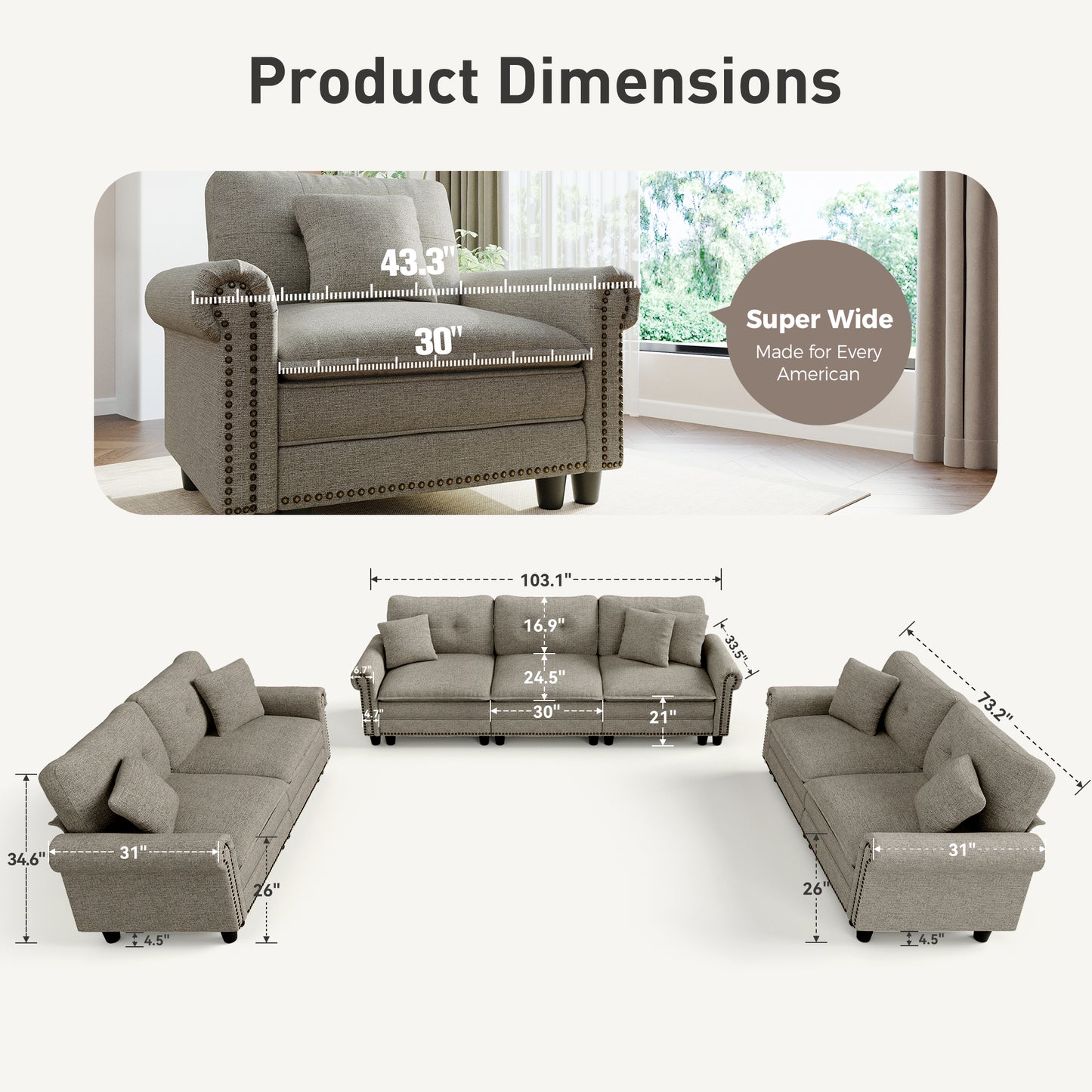 Sophia&William Large Sectional Sofa Set, Mid-Century Linen Cloud Couch 7-Seat Nailhead Trim Modular Sofa with 7 Pillows for Living Room, Light Gray