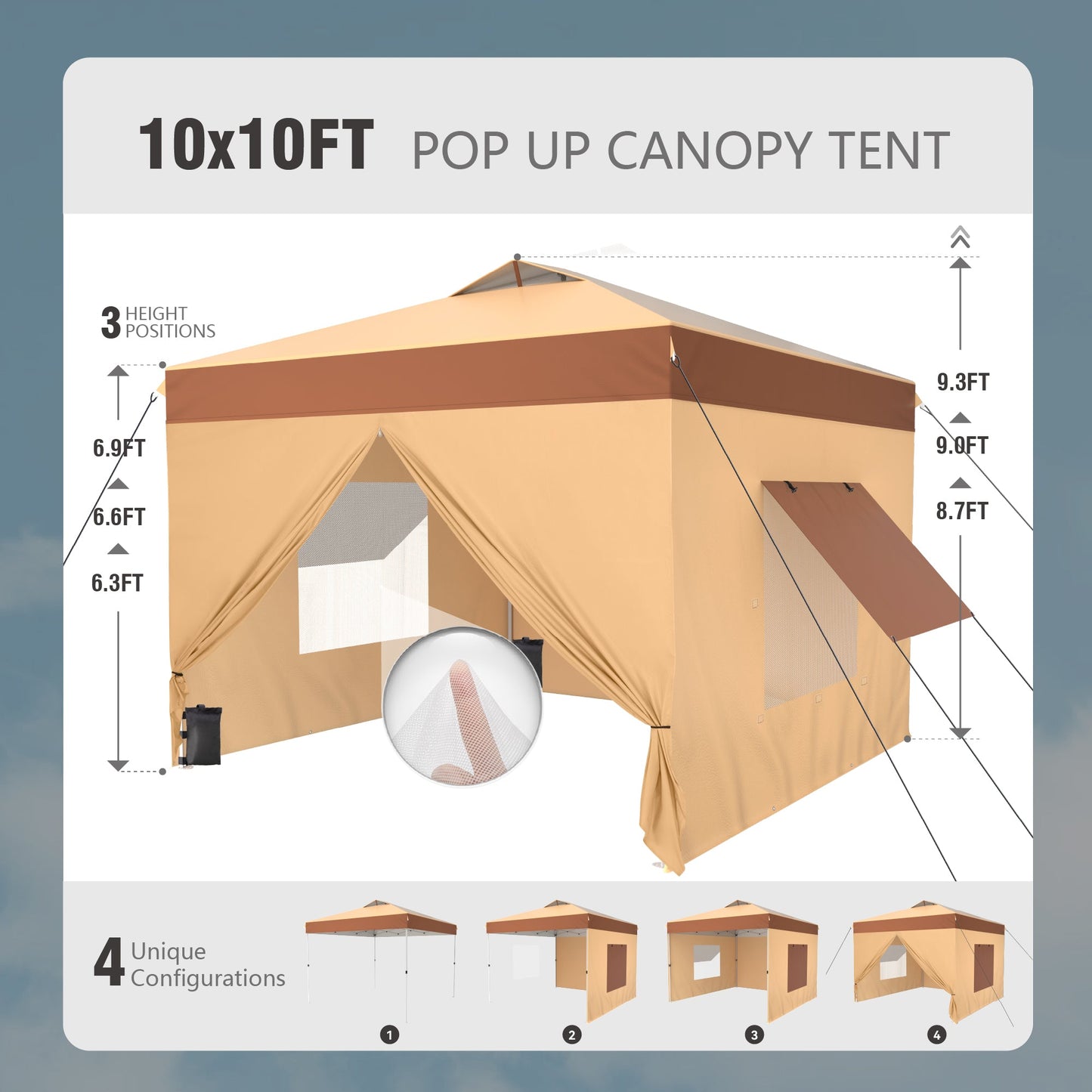 Alpha Joy 10'x 10' Instant Canopy Outdoor Ez Up Outdoor Canopy Shelter Tent with 4 Side Walls, Beige