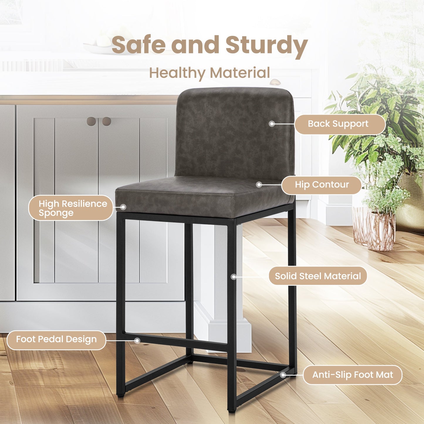 Sophia & William Counter Height Bar Stools with High Backrest Set of 4 Comfortable Modern Counter Stools for Kitchen & Home, Gray