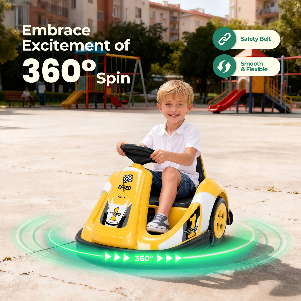 Alpha Joy Kids 12V Bumper Car with Steering Wheel & Remote Control, 3-Color LED Lights, 3 Speeds, Electric Ride-on Toys Car for 3-6 Years, Yellow