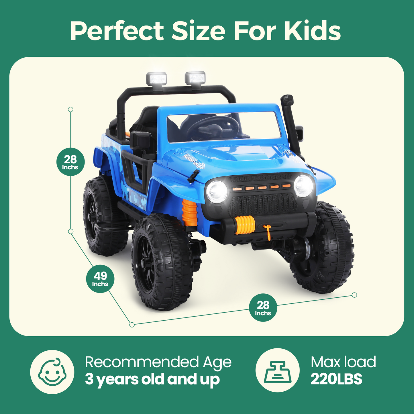 Alpha Joy 2-Seater Kids Ride on Truck 24V Electric Jeep Car with Remote Control Battery Powered Toy Car w/2 Speeds, LED Lights, Detachable Spotlights, Bluetooth Music, Blue