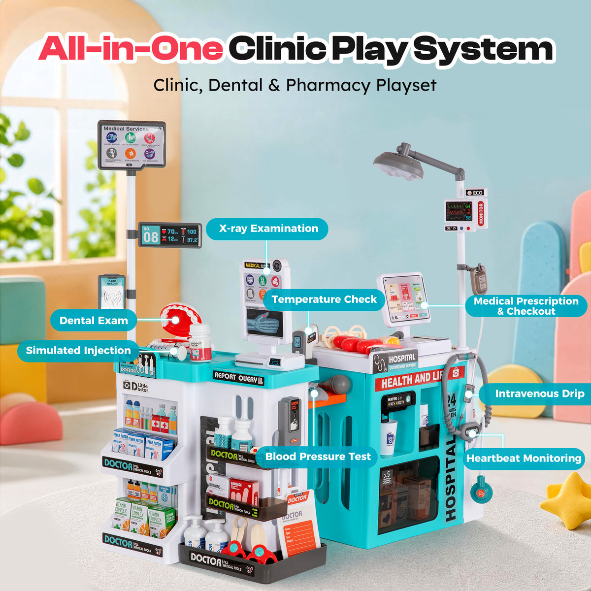 Alpha Joy 78Pcs Dentist Play Set for Kids Doctor Kit Play Set with Water Station, Cup, Checkout System, Surgical Light Pretend Medical Kit for Boys Girls Ages 3-8, Pink