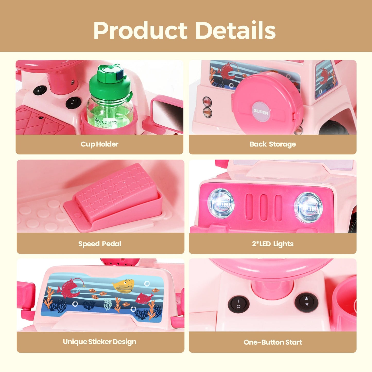 Alpha Joy Kids Remote Control Car Toys with LED Lights & Rocket Sticker, Pink