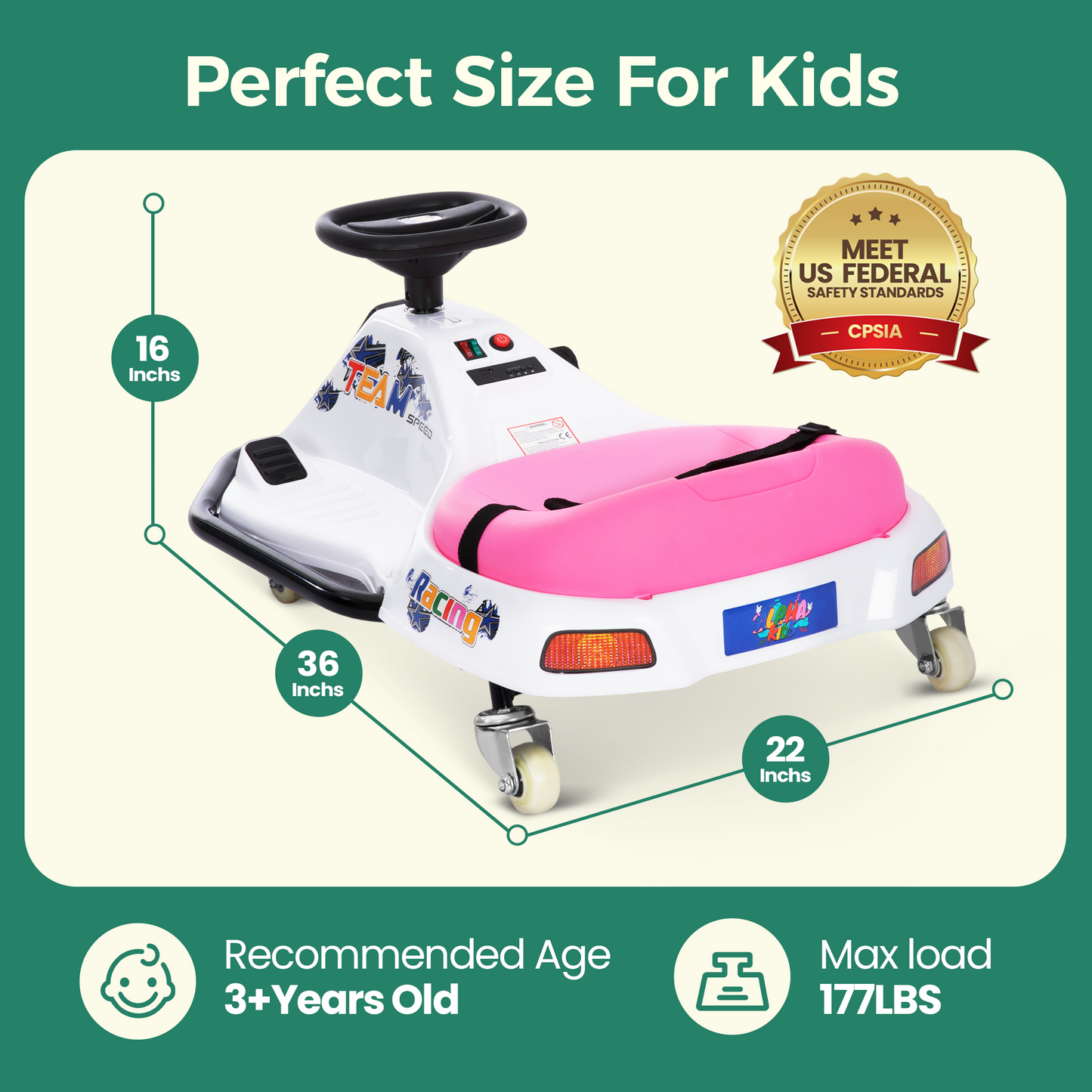 Alpha Joy Kids Crazy Drift Car 24V 181W Electric Drifting Go-Kart w/Rechargeable Battery, Colorful Light, Bluetooth Music & Safety Harness, Pink
