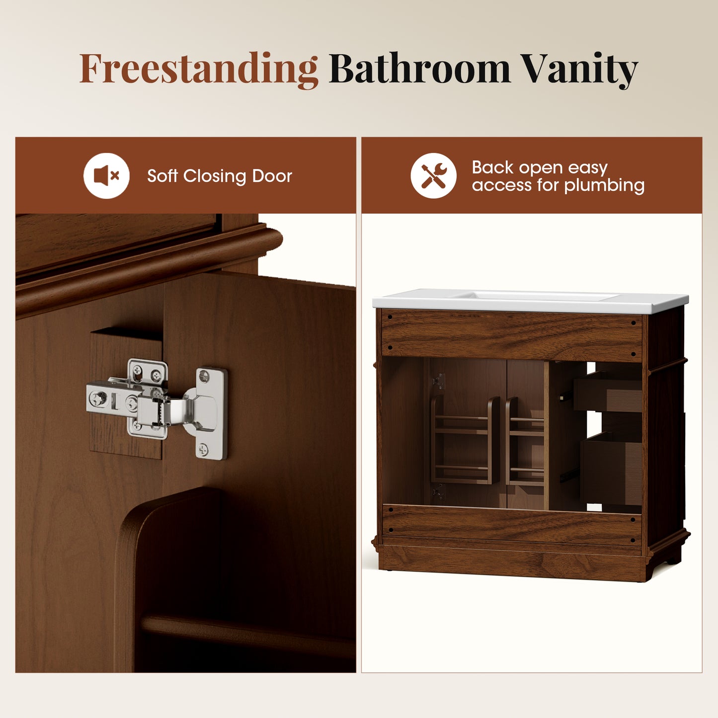 Sophia & William 36inch Bathroom Vanity with 5inch Deep Sink Freestanding Wood Bathroom Cabinet Vanity with 2 Doors with Shelf & 2 Drawers, Cherry Brown