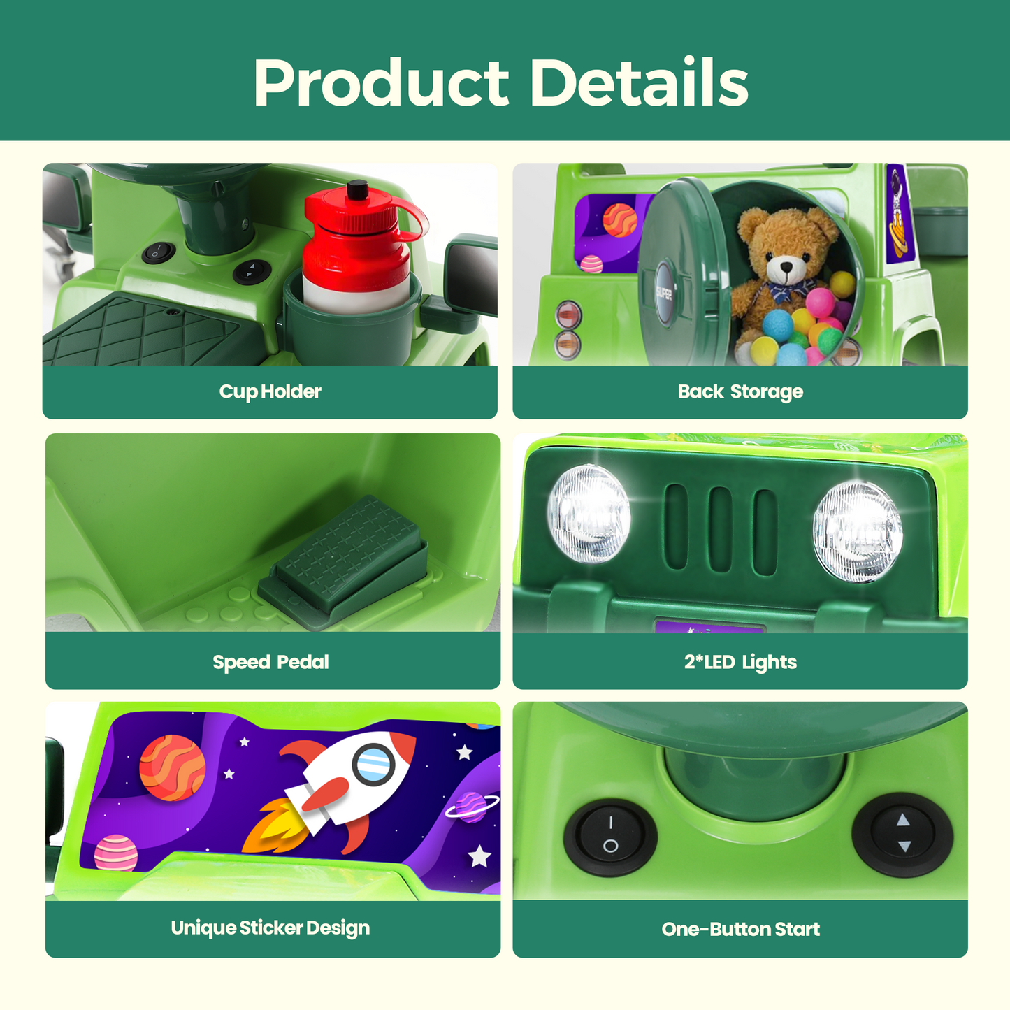 Alpha Joy Kids Remote Control Car Toys with LED Lights & Rocket Sticker, Green