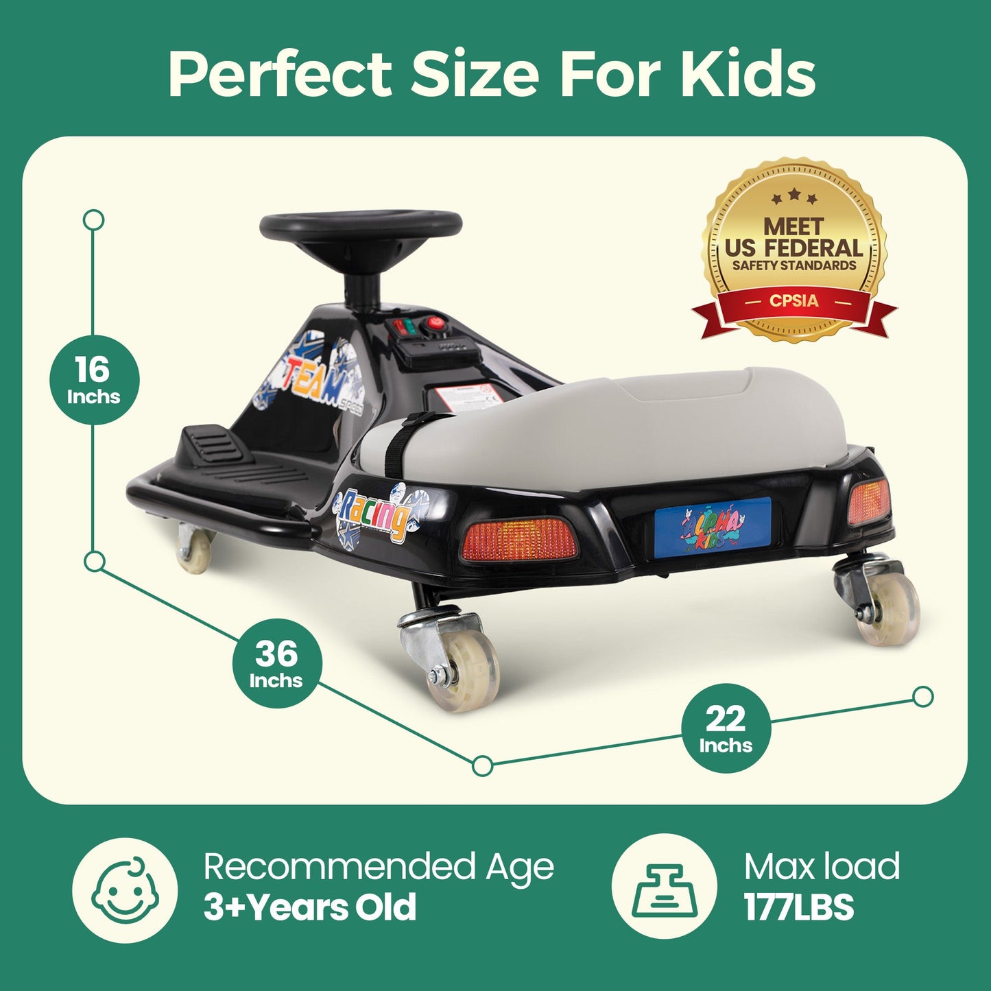 Alpha Joy Kids Crazy Drift Car 24V 180W Electric Drifting Go-Kart w/Rechargeable Battery, Colorful Light, Bluetooth Music & Safety Harness, Black