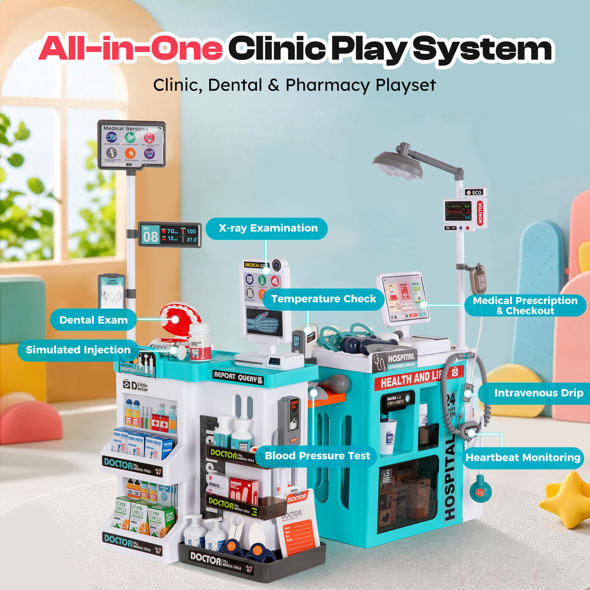Alpha Joy 78Pcs Dentist Play Set for Kids Doctor Kit Play Set with Water Station, Cup, Checkout System, Surgical Light Pretend Medical Kit for Boys Girls Ages 3-8, White
