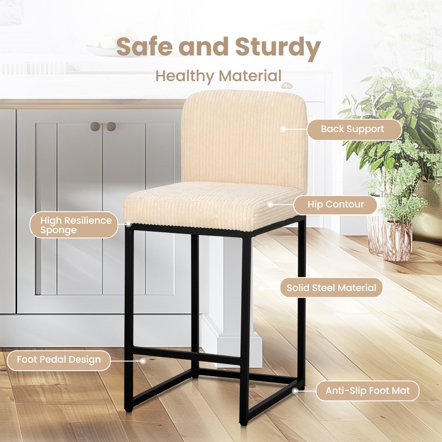 Sophia & William Counter Height Bar Stools with High Backrest 2 Pack Soft & Durable Vertical Striped Plush Bar Stools for Kitchen Island, Milky White