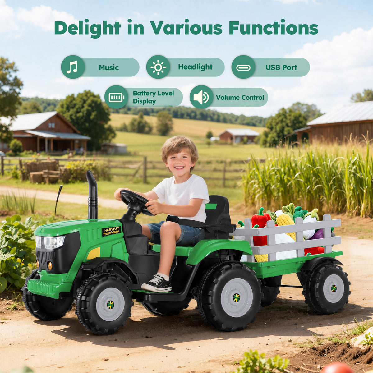 Alpha Joy 24V Powered Ride on Tractor with Detachable Trailer Electric Toy Car with Remote Control, Tippable Trailer, USB, Headlight, Bluetooth, 3 Speed Adjustable for Kids 3+, Green