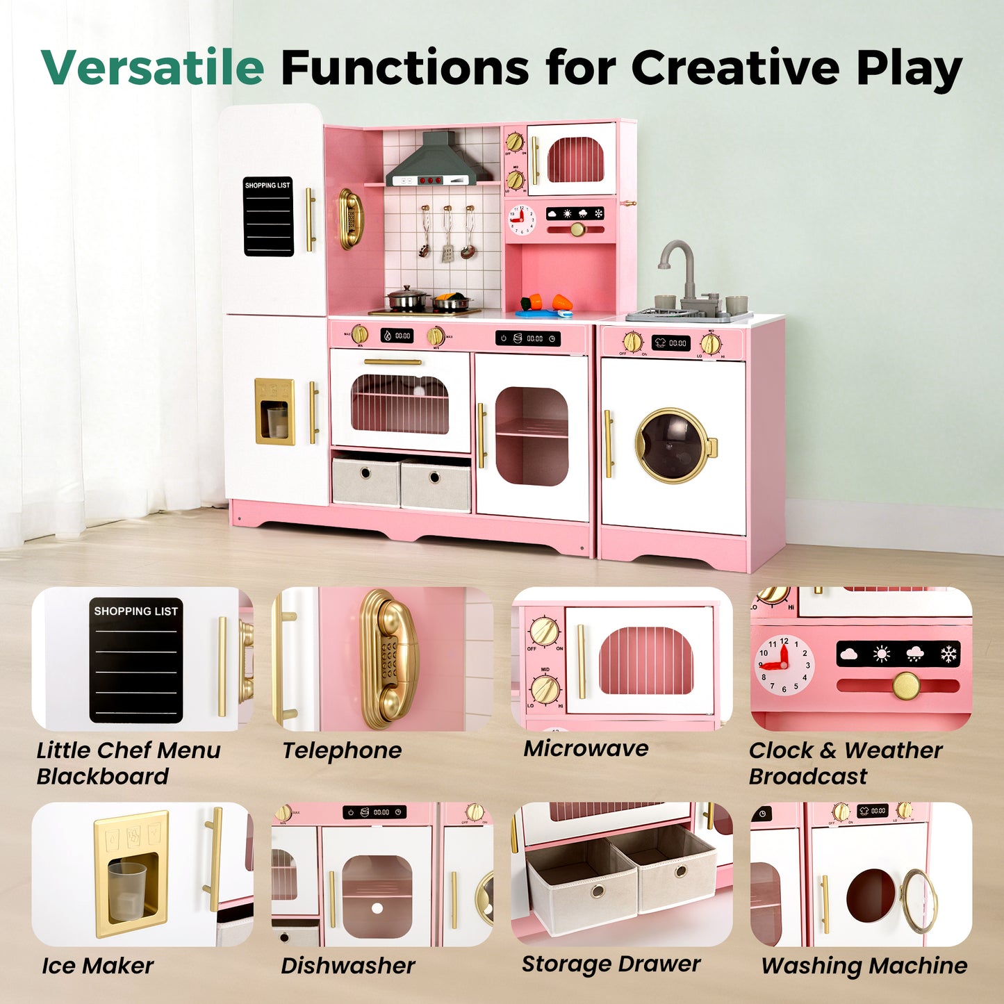 Alpha Joy Pretend Play Kitchen Large Wooden Toy Sets for Kids w/Realistic Sounds & Lights, Oven, Range Hood, Faucet, Sink, Cooking Accessories, Utensils, Pink