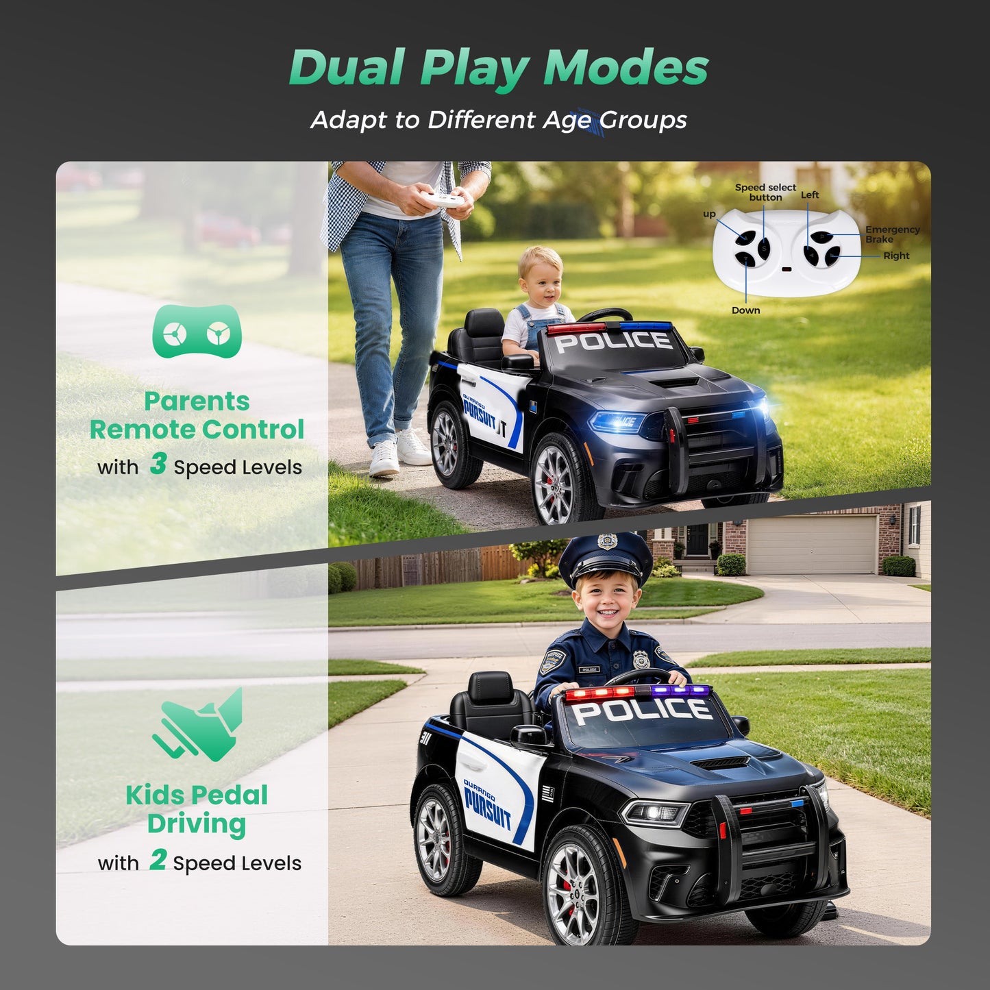 Alpha Joy 12V Kids Ride On 2-Seat Police Car with Megaphone, Remote Control, 3 Speeds, Electric Toy Car for Ages 3+, Black